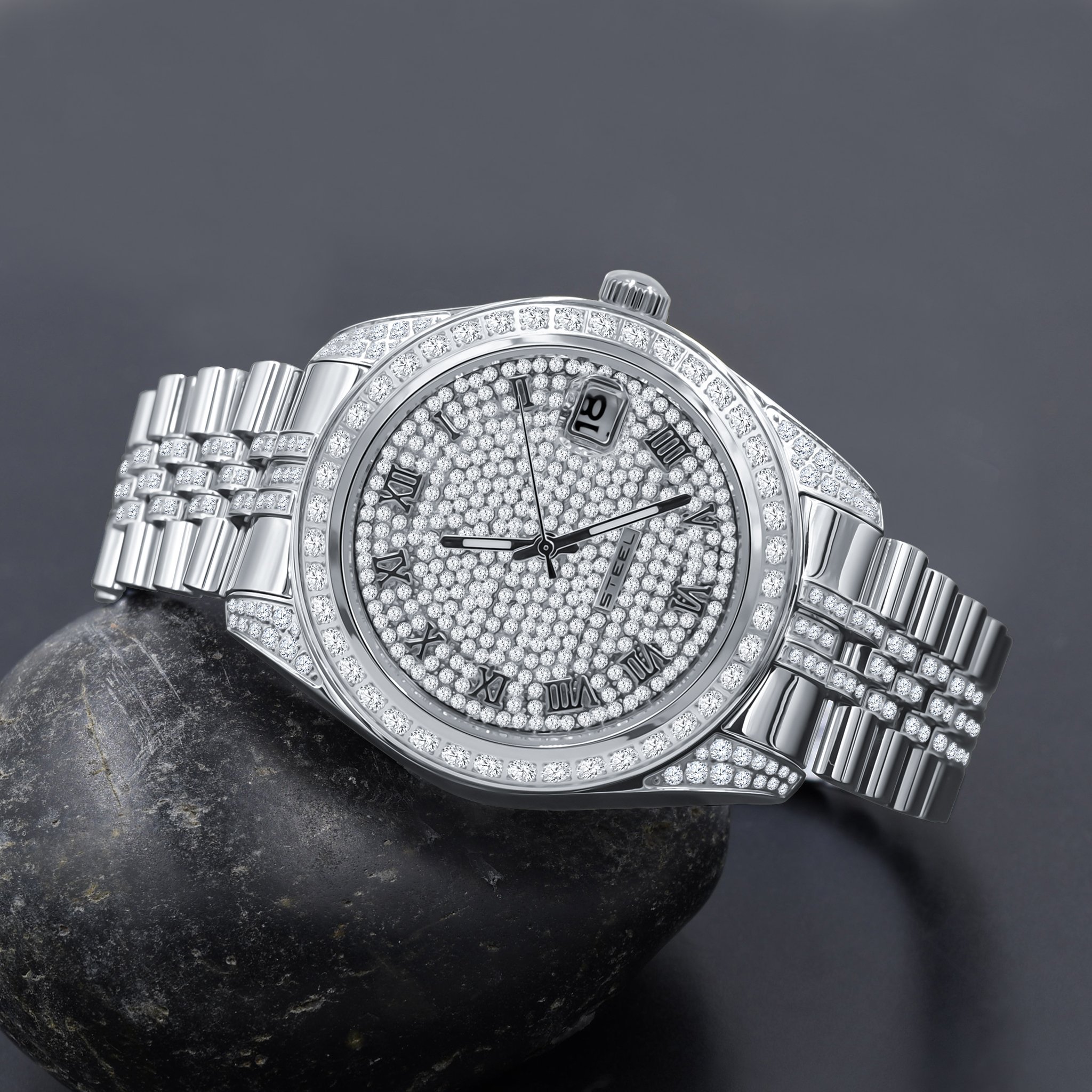 IMPERIAL STEEL WATCH featuring a two-toned metal strap and sparkling CZ stones on the dial, showcasing Roman hour-markers and a date display.