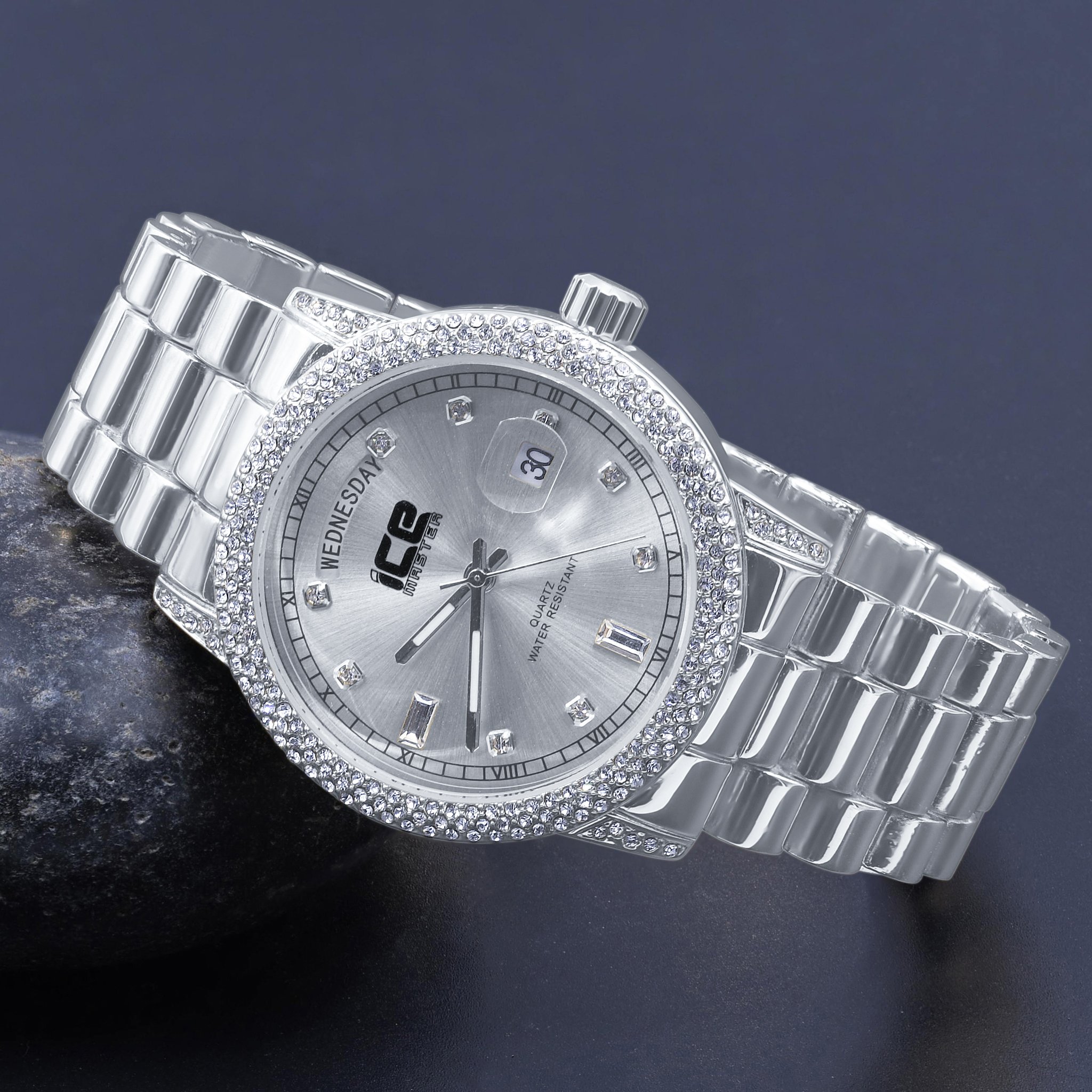 Incandescent Bling Metal Watch featuring a polished stainless steel band and luminescent CZ stones on the bezel and case.