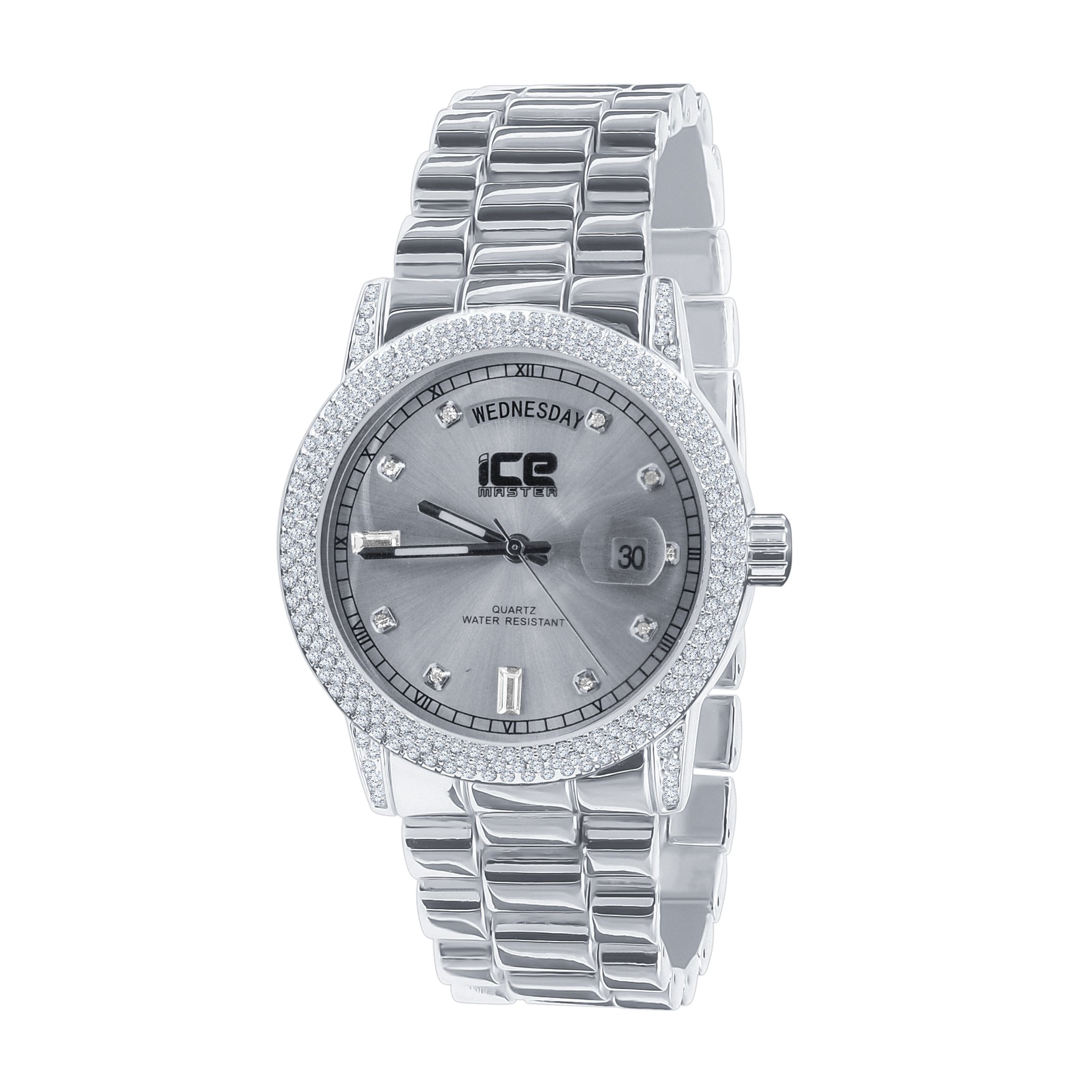 Incandescent Bling Metal Watch featuring a polished stainless steel band and luminescent CZ stones on the bezel and case.