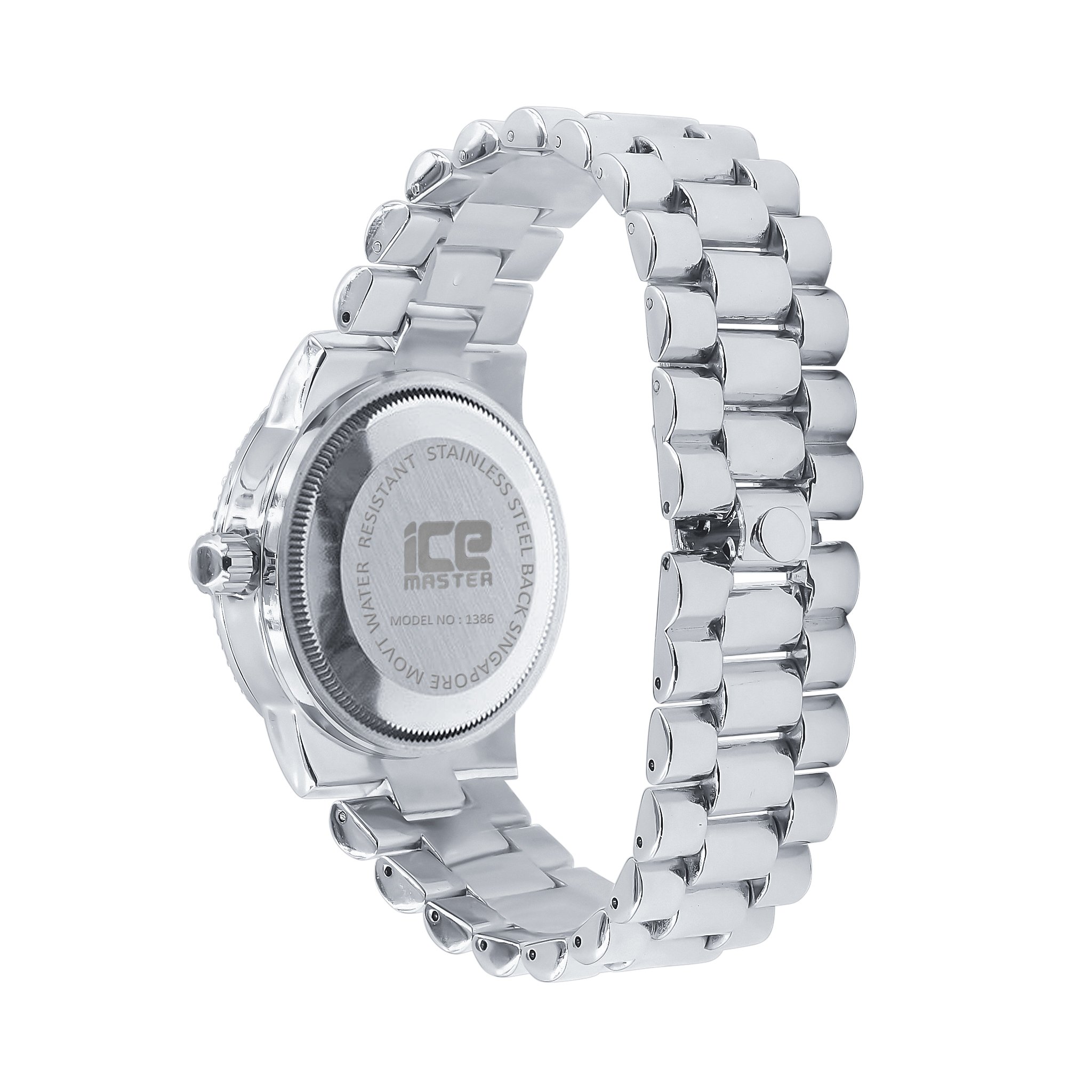 Incandescent Bling Metal Watch featuring a polished stainless steel band and luminescent CZ stones on the bezel and case.