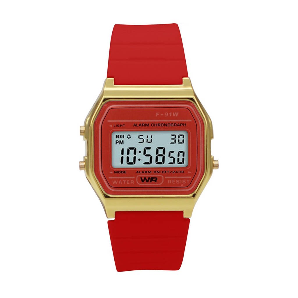 Sporty red silicon digital watch with LCD display and plastic case, ideal for active lifestyles.