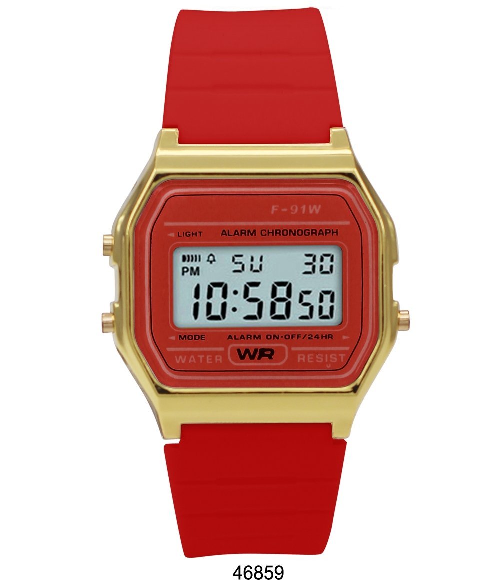 Sporty red silicon digital watch with LCD display and plastic case, ideal for active lifestyles.