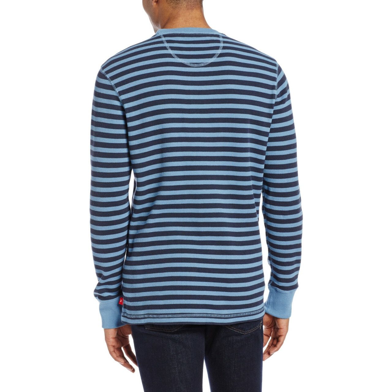 IZOD Men's Thermal Stripe Waffle Crew Neck Long Sleeve Shirt in True Blue, featuring ribbed trim and embroidered logo.