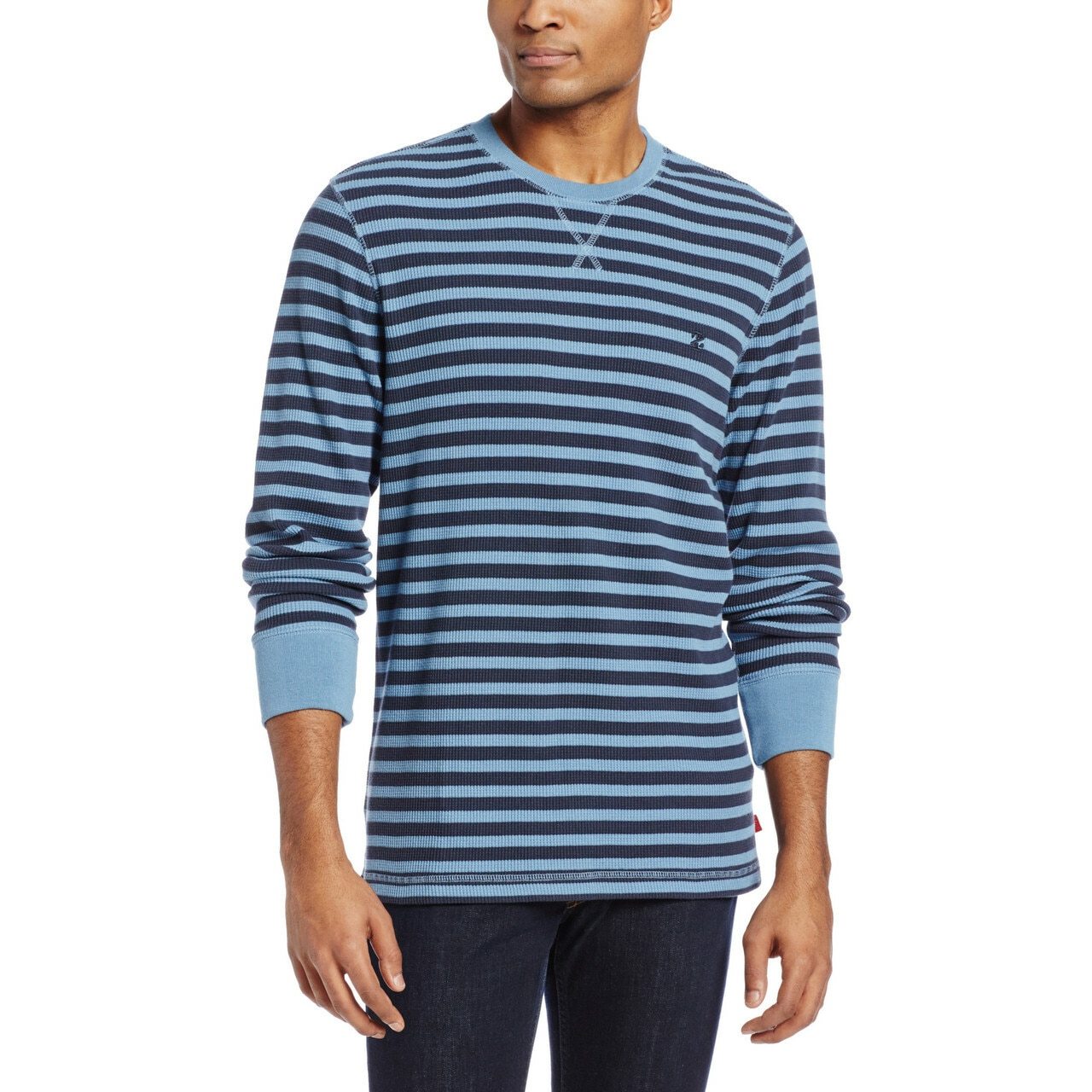 IZOD Men's Thermal Stripe Waffle Crew Neck Long Sleeve Shirt in True Blue, featuring ribbed trim and embroidered logo.