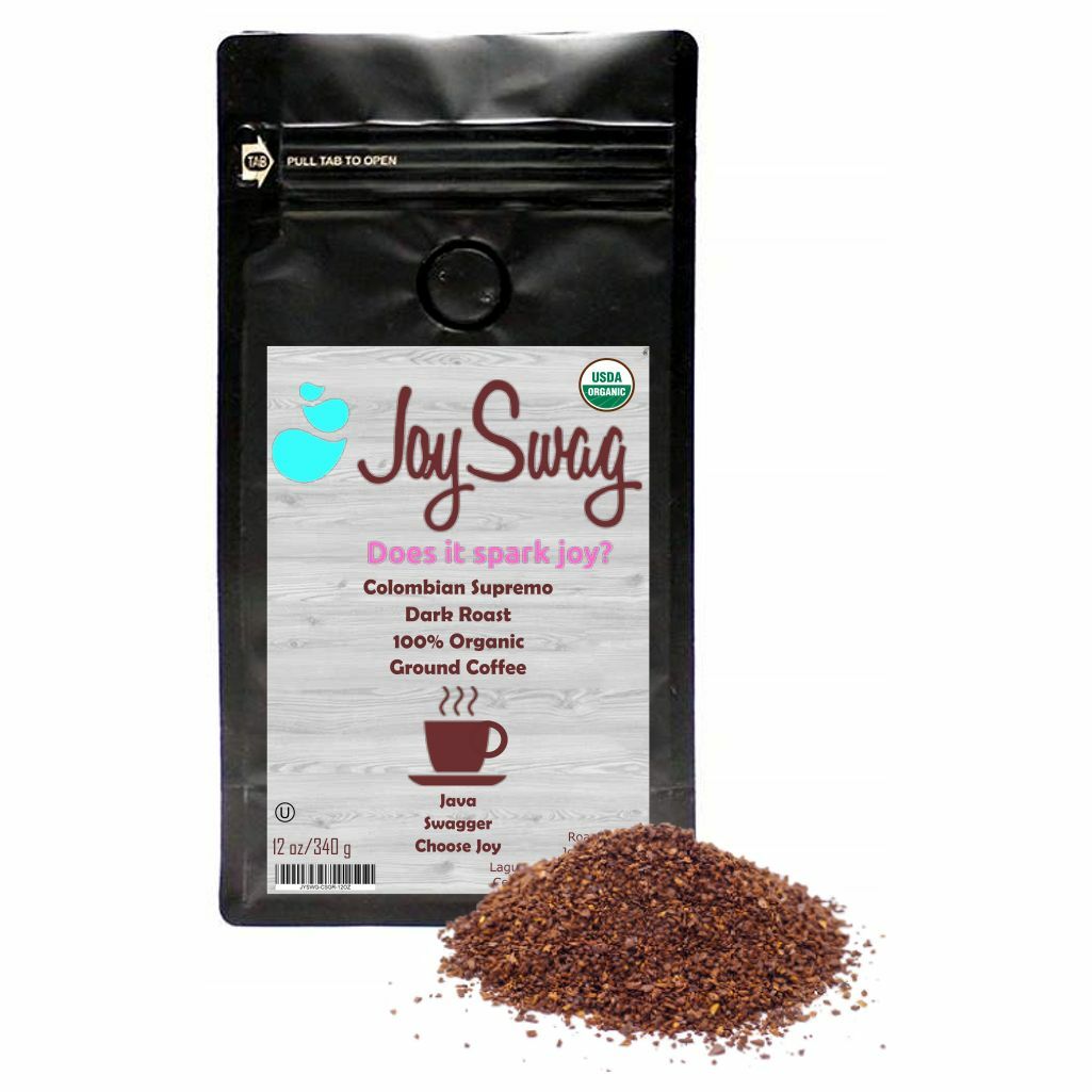 A bag of JoySwag Colombian Supremo coffee showcasing its rich, dark roast and vibrant packaging, highlighting its premium quality.