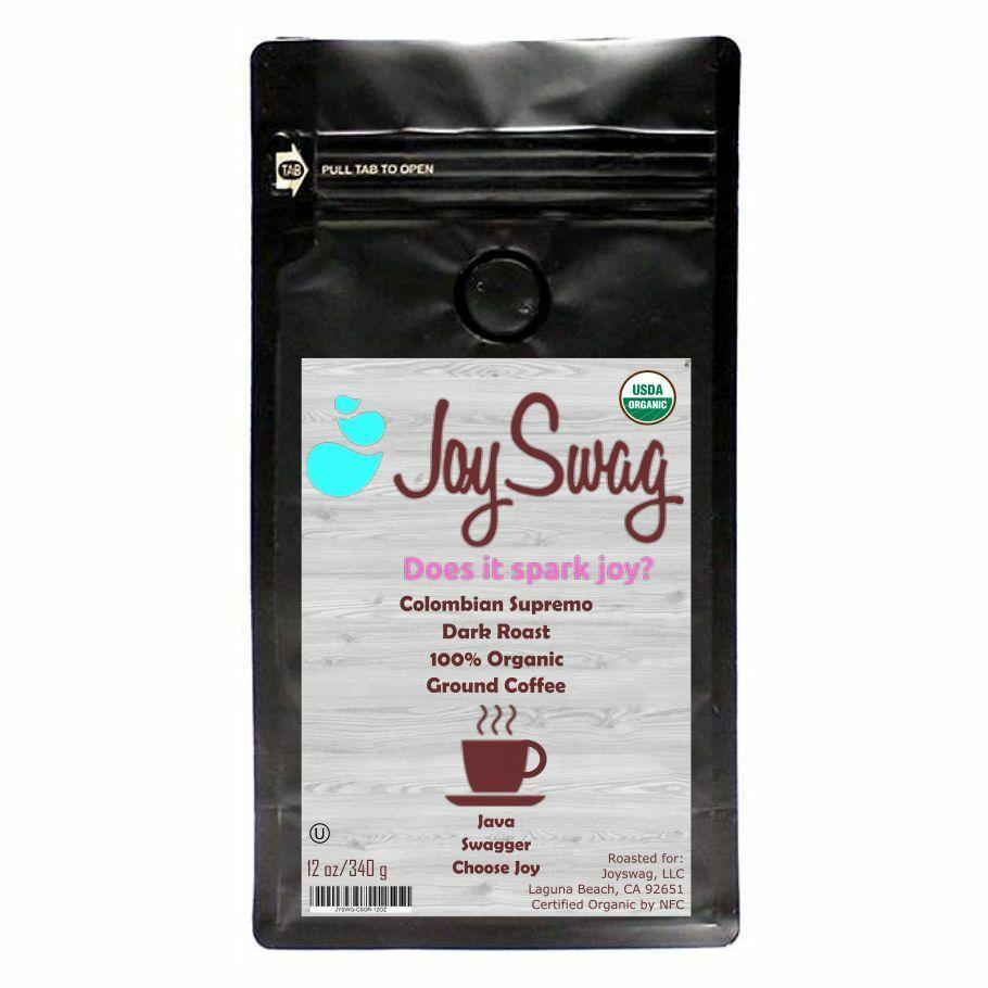 A bag of JoySwag Colombian Supremo coffee showcasing its rich, dark roast and vibrant packaging, highlighting its premium quality.