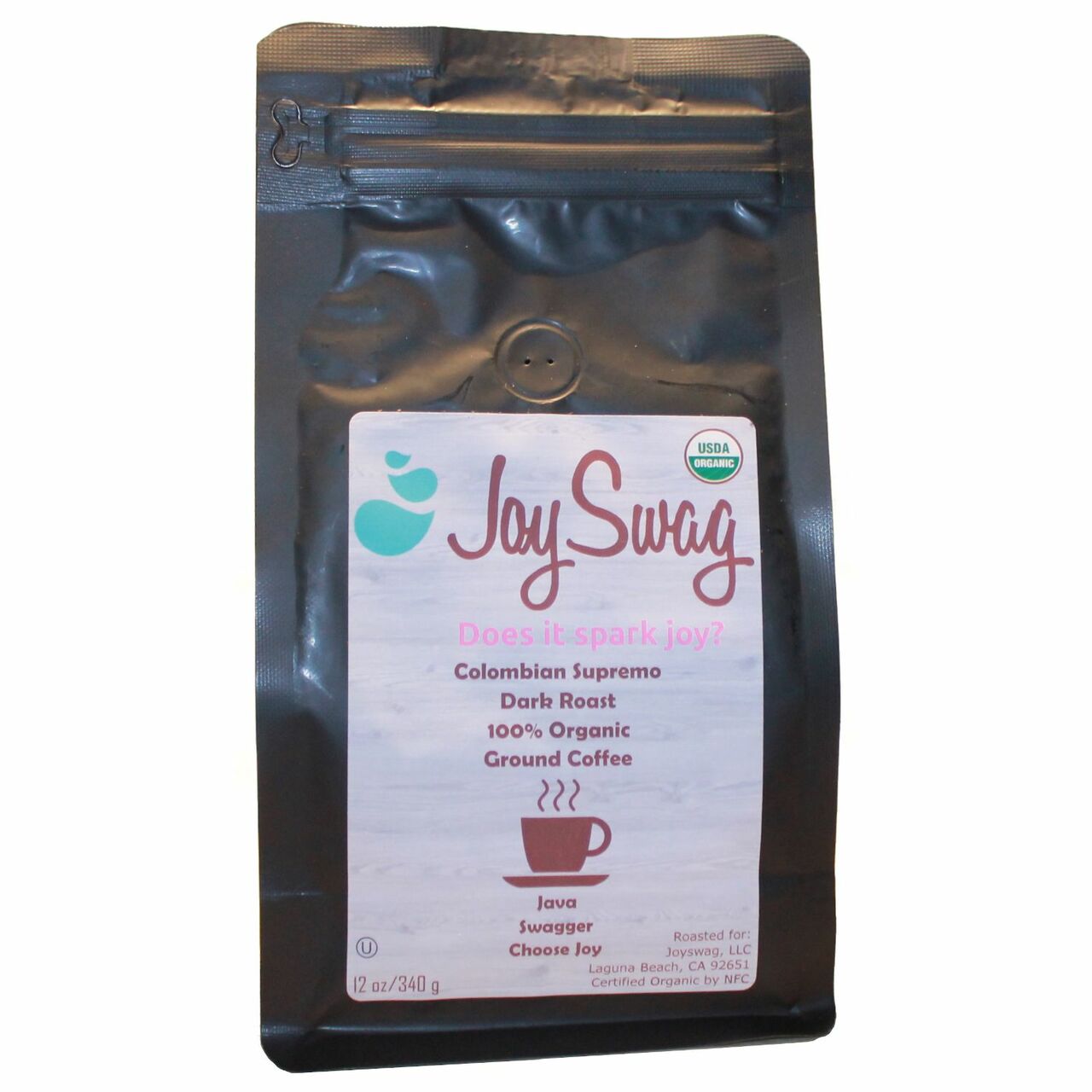 A bag of JoySwag Colombian Supremo coffee showcasing its rich, dark roast and vibrant packaging, highlighting its premium quality.