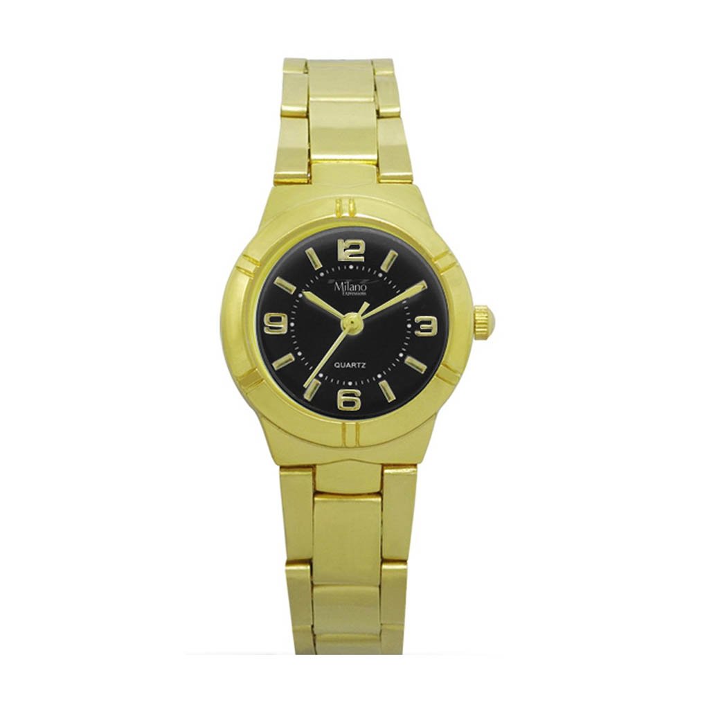 Kaneohe Gold Metal Band Watch with Black Dial, showcasing elegant design and durable alloy materials.