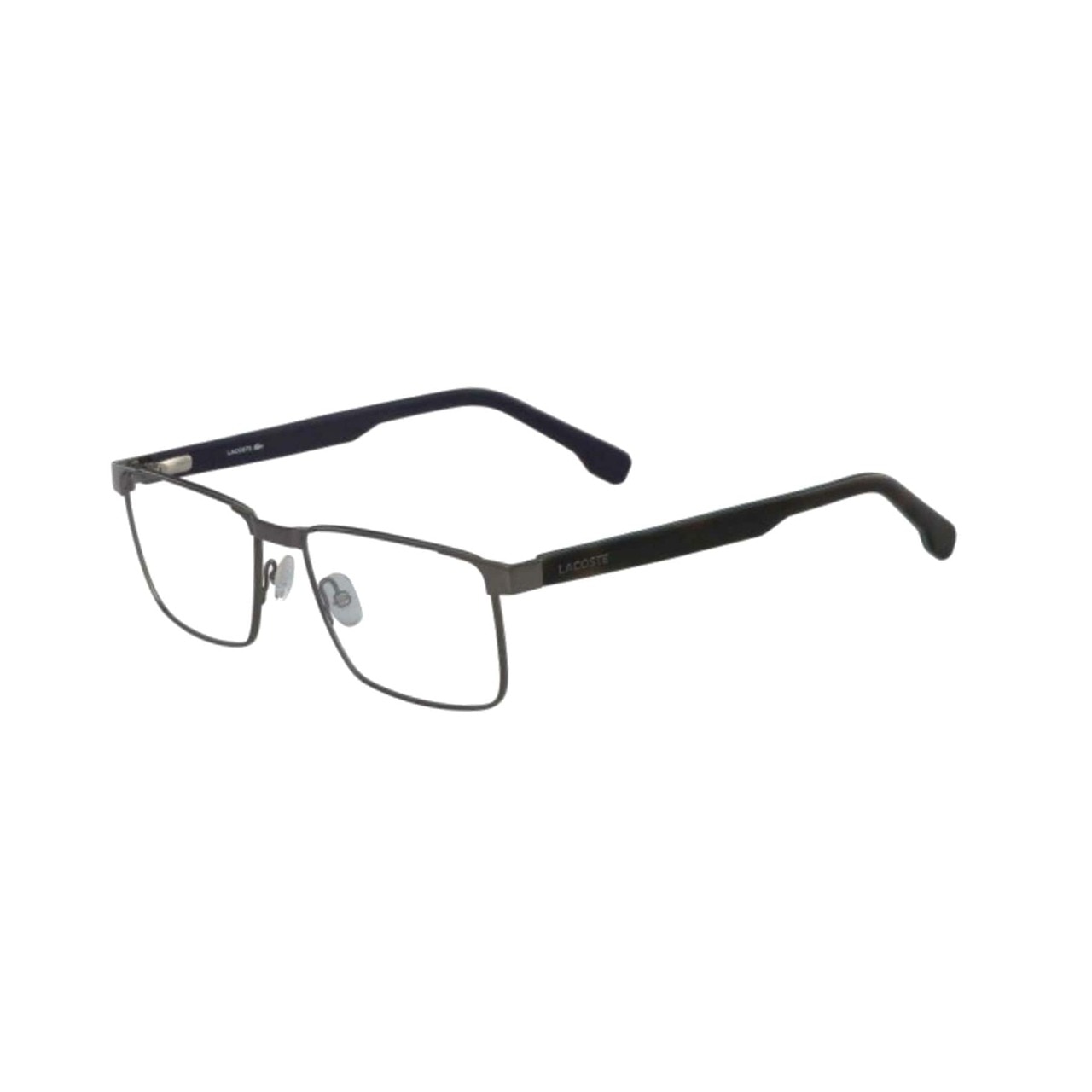 Lacoste L2243-033 Gunmetal Rectangular Men's Metal Eyeglasses with iconic crocodile logo and stylish design.