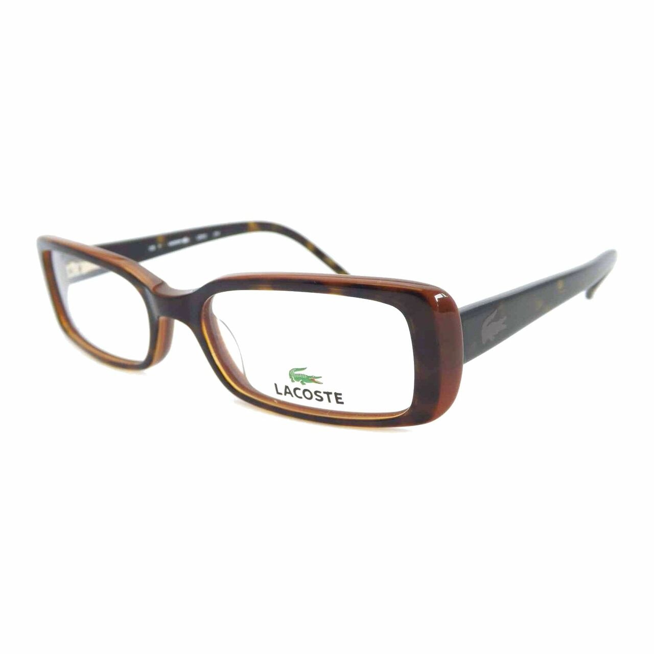 Lacoste L2612-214 Dark Havana Rectangular Women's Plastic Eyeglasses with full-rim design and demo lenses.