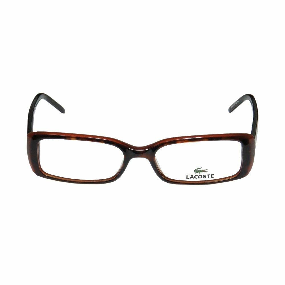 Lacoste L2612-214 Dark Havana Rectangular Women's Plastic Eyeglasses with full-rim design and demo lenses.