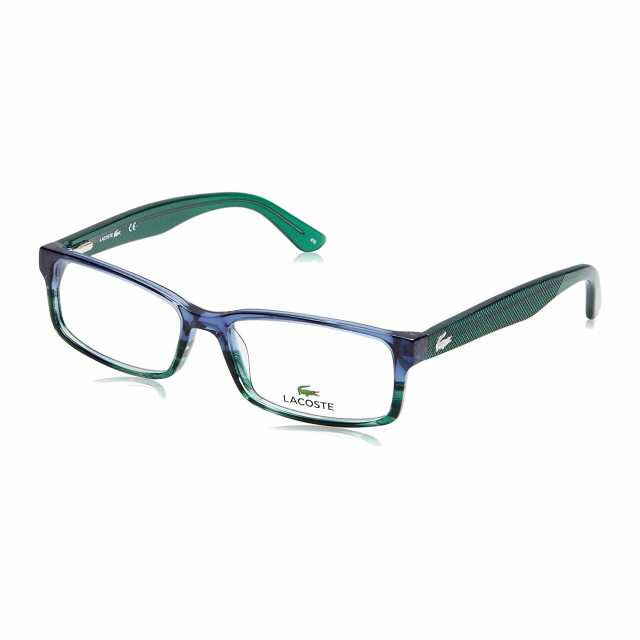 Lacoste L2685-421 Blue Green Rectangular Unisex Plastic Eyeglasses with iconic crocodile logo and full rim design.