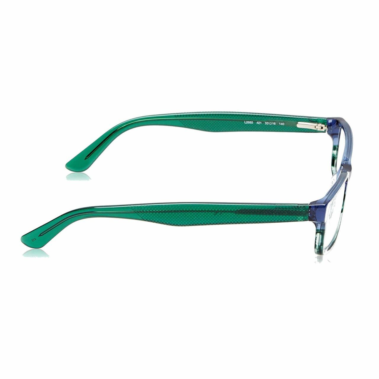 Lacoste L2685-421 Blue Green Rectangular Unisex Plastic Eyeglasses with iconic crocodile logo and full rim design.