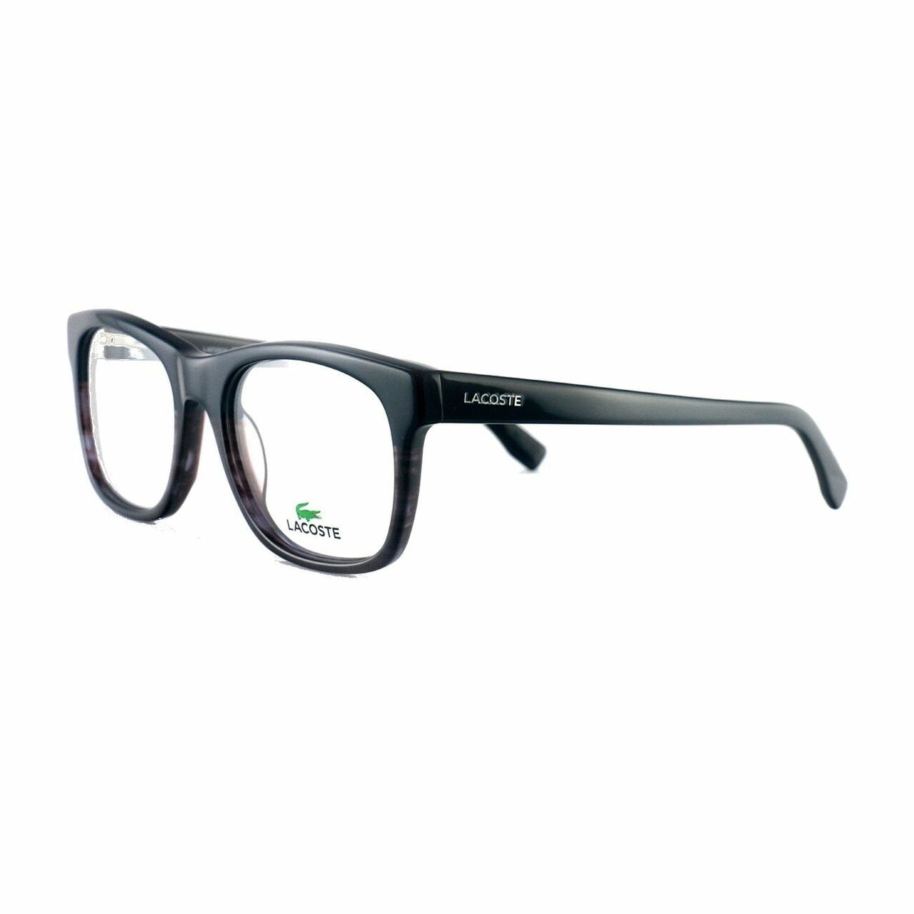 Lacoste L2739-424 Striped Blue Square Unisex Plastic Eyeglasses featuring a full rim design and iconic crocodile logo.