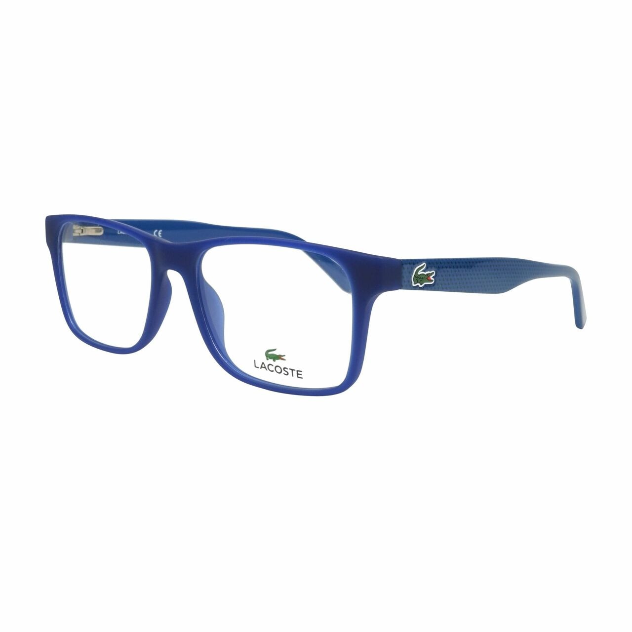 Lacoste L2741-414 Matte Blue Square Men's Plastic Eyeglasses with crocodile logo and comfortable fit.