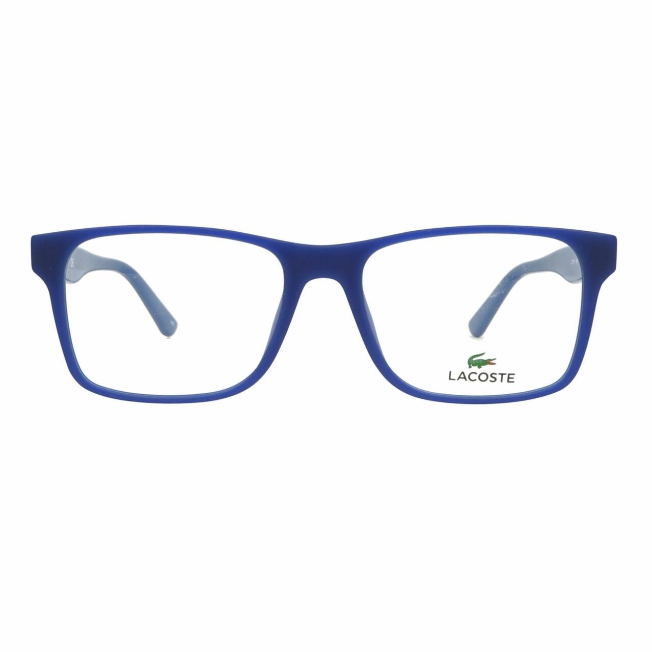 Lacoste L2741-414 Matte Blue Square Men's Plastic Eyeglasses with crocodile logo and comfortable fit.