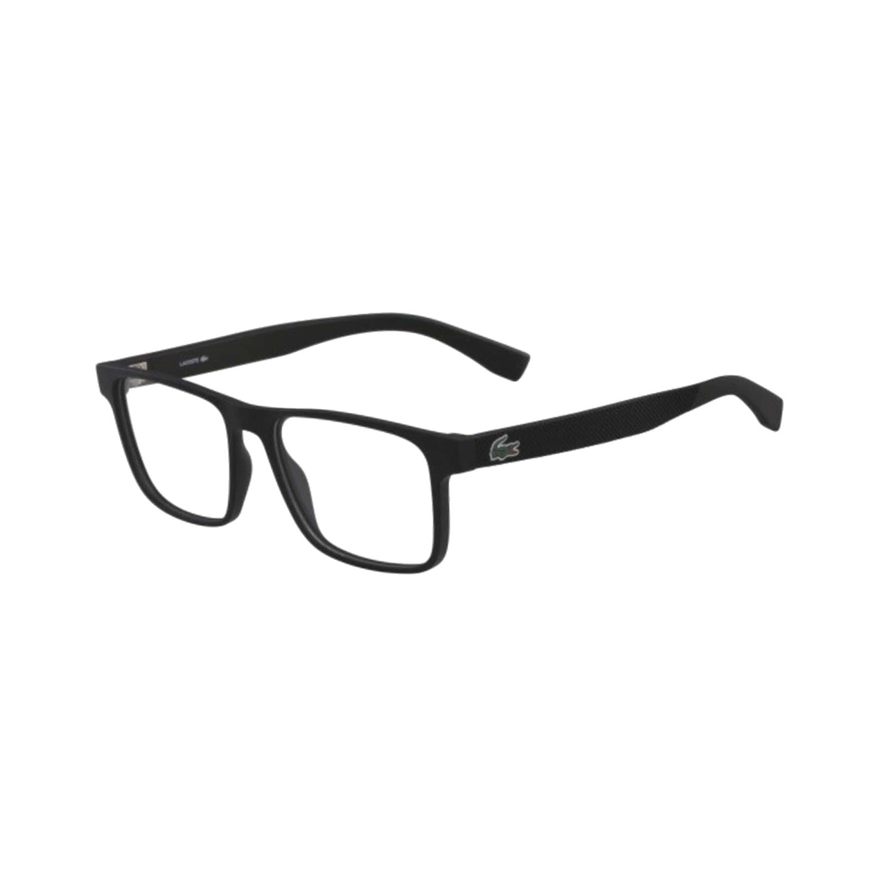 Lacoste L2817-004 Matte Black Square Men's Acetate Eyeglasses featuring a stylish design and iconic crocodile logo.