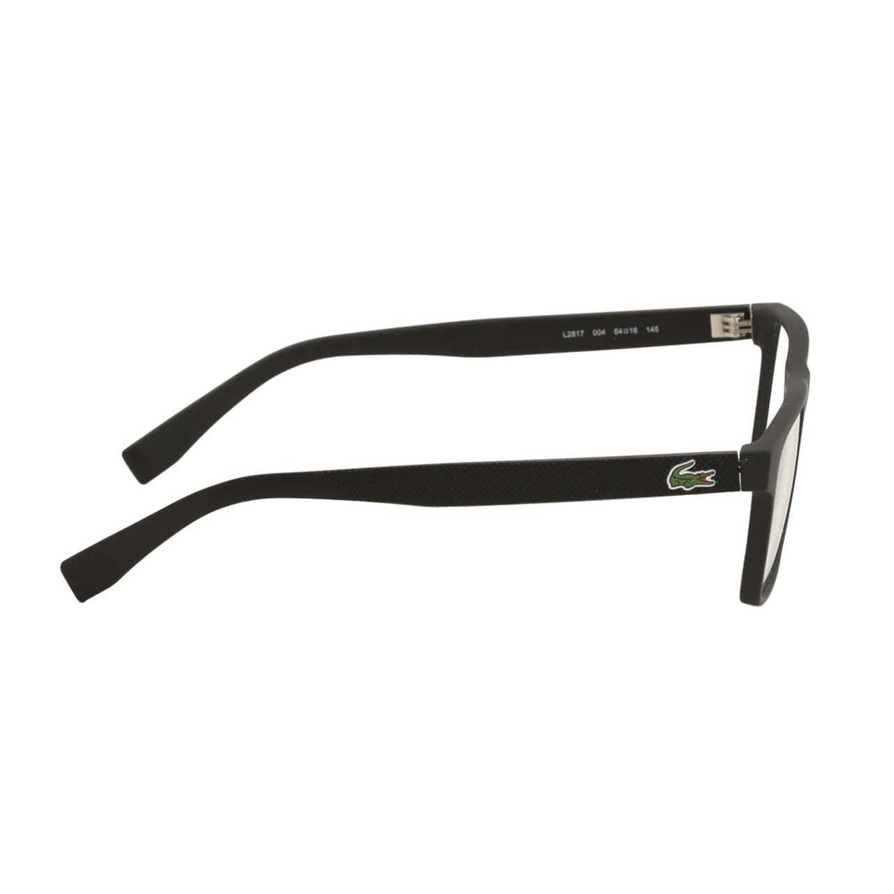 Lacoste L2817-004 Matte Black Square Men's Acetate Eyeglasses featuring a stylish design and iconic crocodile logo.