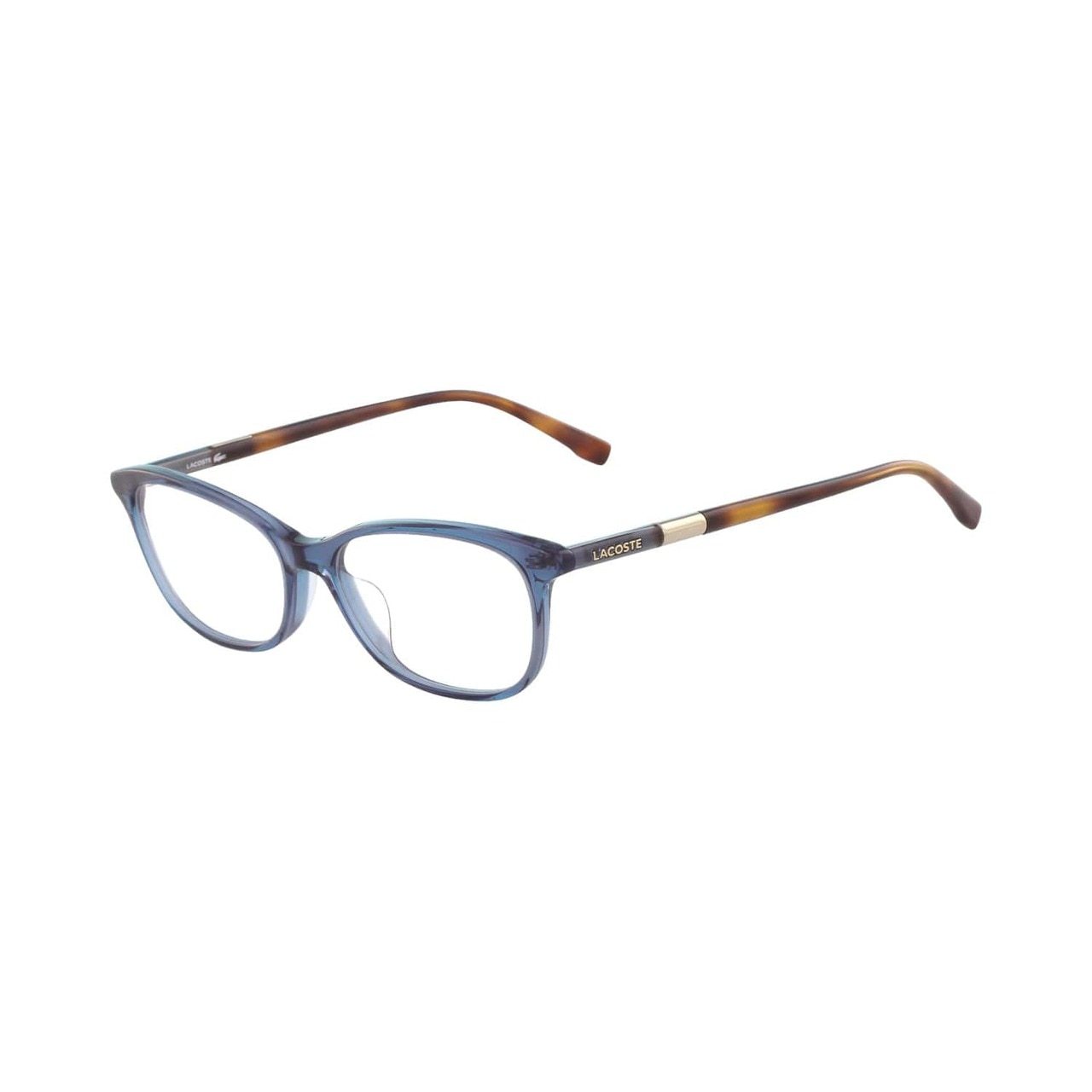 Lacoste L2830-424 Blue Square Women's Acetate Eyeglasses displayed in a stylish case, showcasing their elegant design and vibrant color.