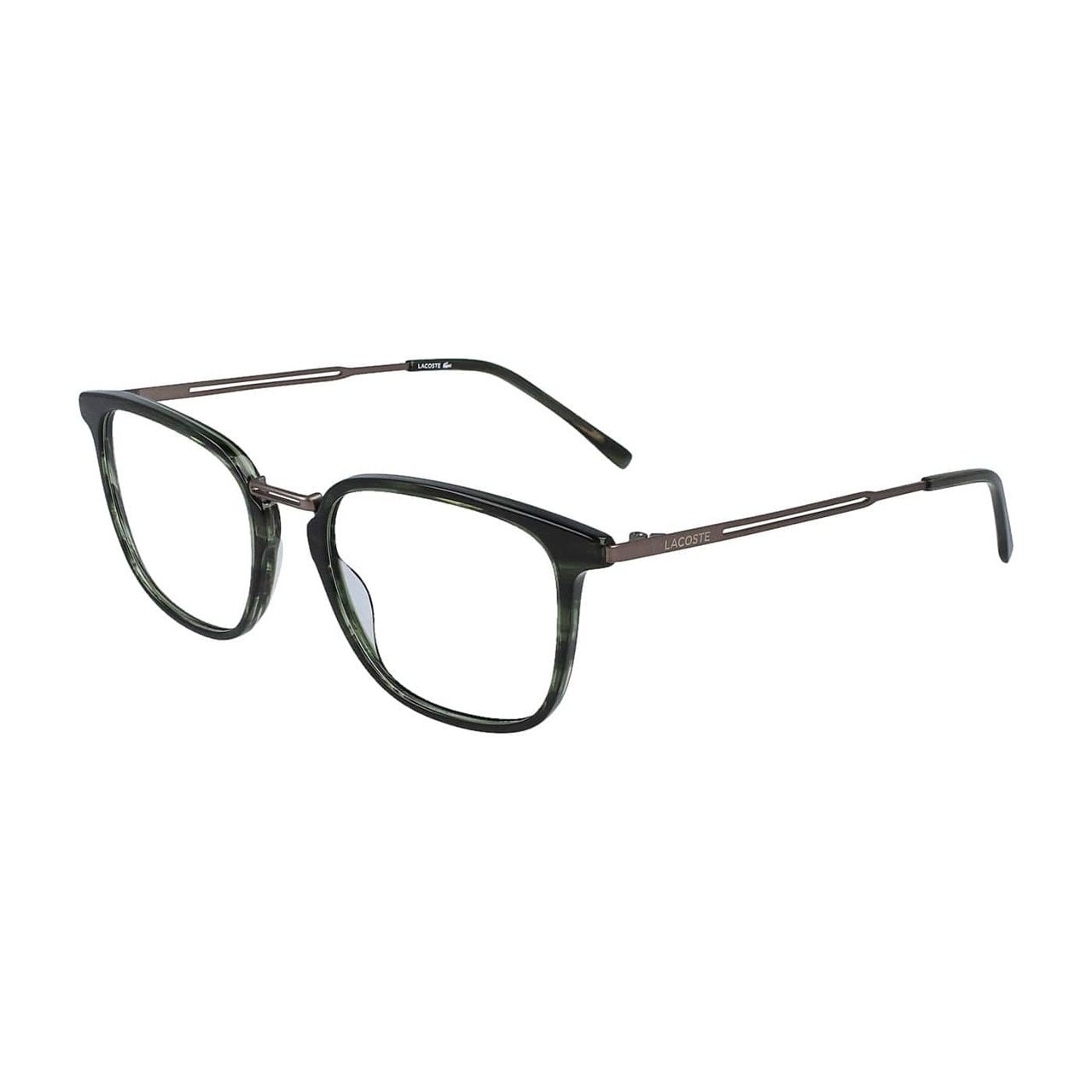 Lacoste L2853-220 Havana Striped Green Square Men's Acetate Eyeglasses showcasing stylish design and quality craftsmanship.