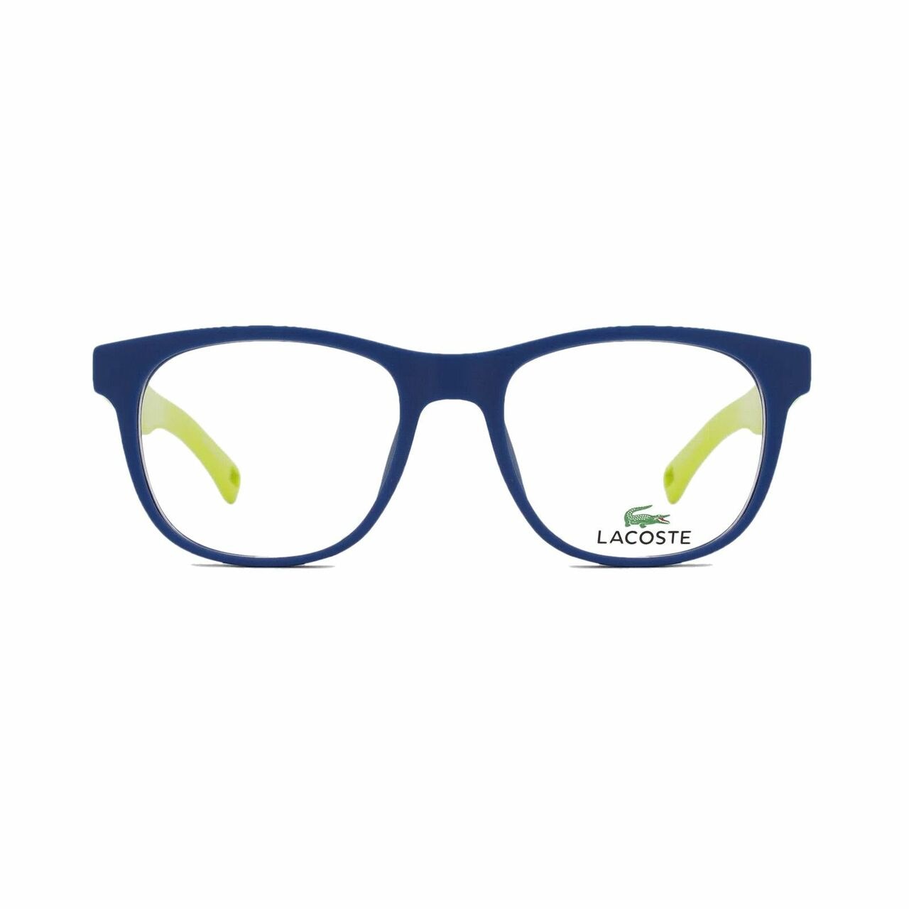 Lacoste L3621-414 Matte Navy Square Kids Plastic Eyeglasses displayed in a stylish case, showcasing their modern design and color.