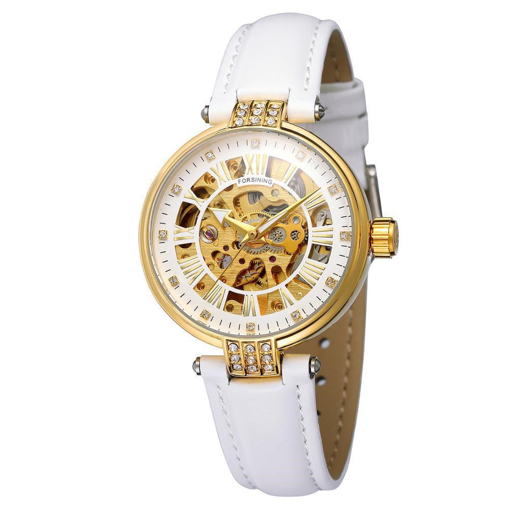 Ladies Fashion Casual Hollow Waterproof Automatic Mechanical Watch with a stylish hollow design, PU leather strap, and round dial.