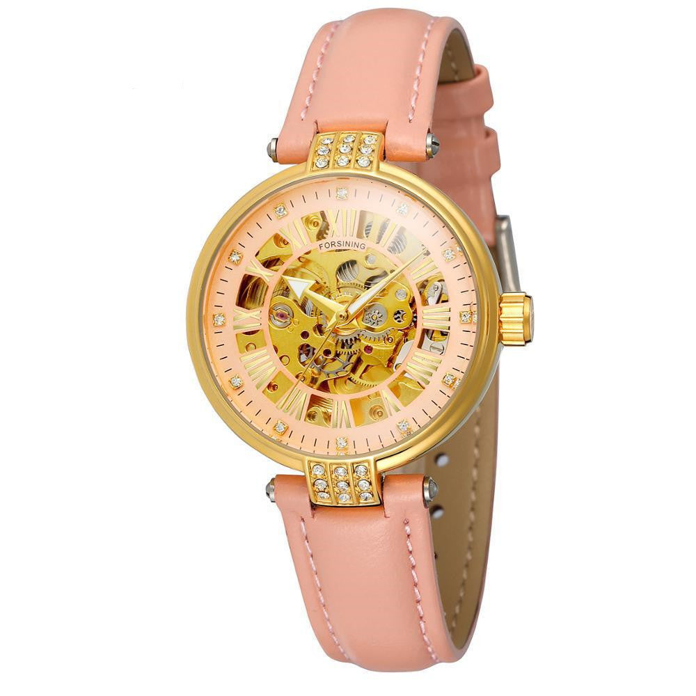 Ladies Fashion Casual Hollow Waterproof Automatic Mechanical Watch with a stylish hollow design, PU leather strap, and round dial.