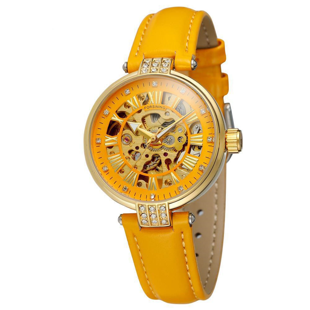 Ladies Fashion Casual Hollow Waterproof Automatic Mechanical Watch with a stylish hollow design, PU leather strap, and round dial.