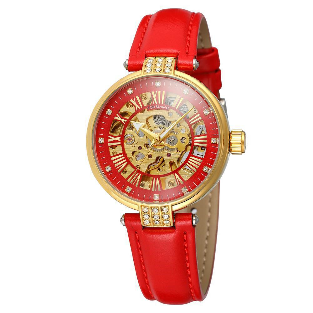 Ladies Fashion Casual Hollow Waterproof Automatic Mechanical Watch with a stylish hollow design, PU leather strap, and round dial.