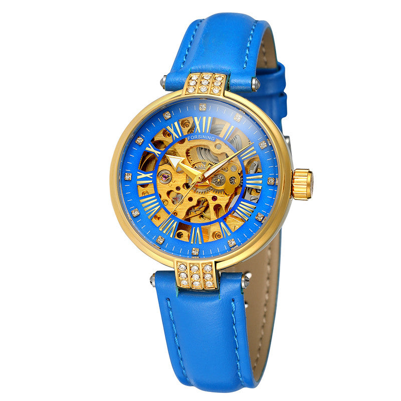 Ladies Fashion Casual Hollow Waterproof Automatic Mechanical Watch with a stylish hollow design, PU leather strap, and round dial.