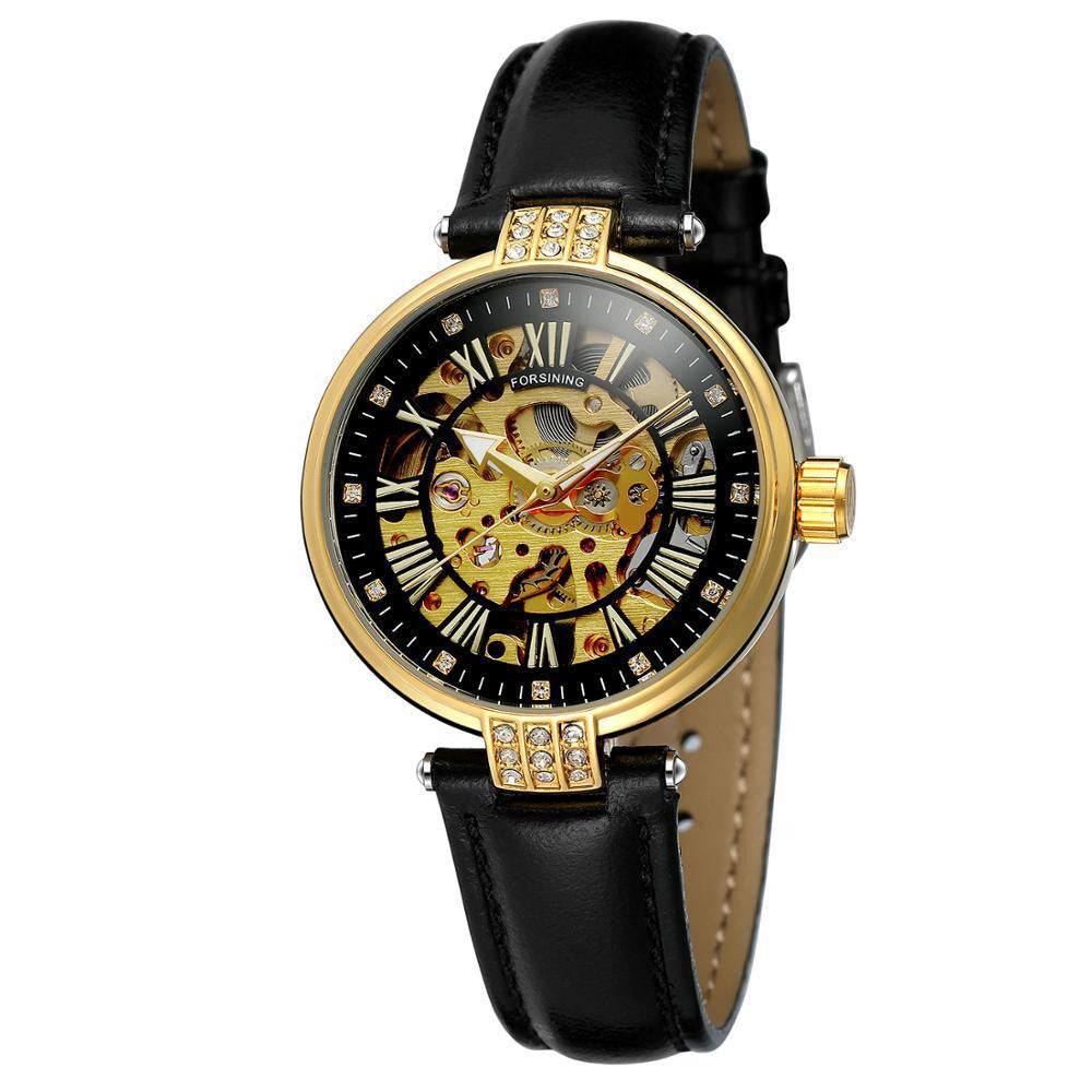 Ladies Fashion Casual Hollow Waterproof Automatic Mechanical Watch with a stylish hollow design, PU leather strap, and round dial.