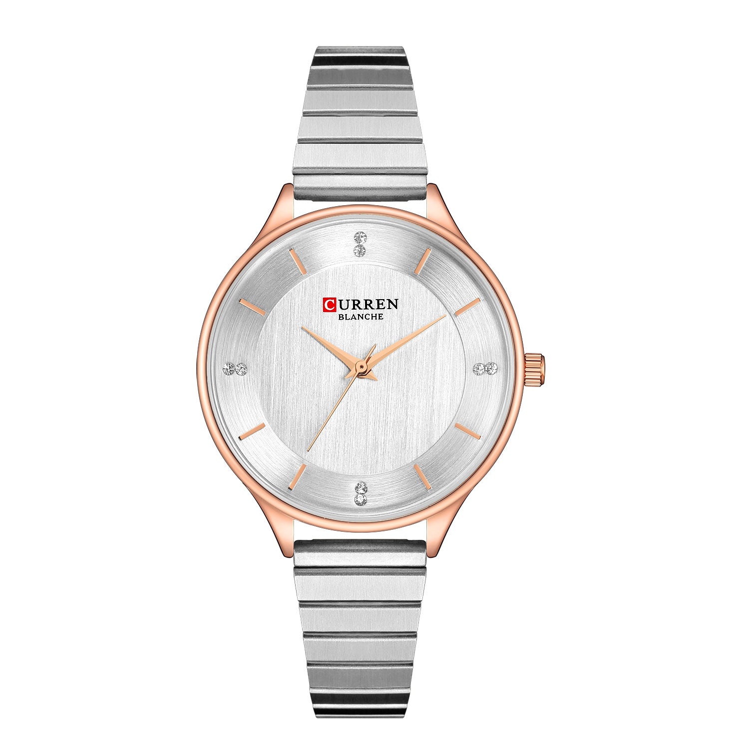 Ladies Steel Band Quartz Pointer Casual Watch with a round dial and stainless steel band, showcasing elegance and style.