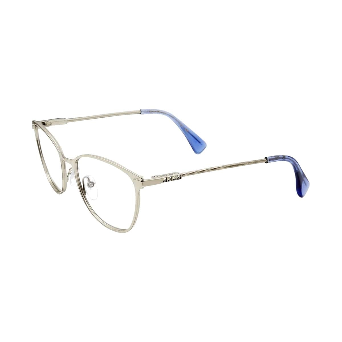 Lanvin VLN 095S-08FE shiny silver cat-eye women's eyeglasses with stainless steel frame, showcasing a stylish and elegant design.