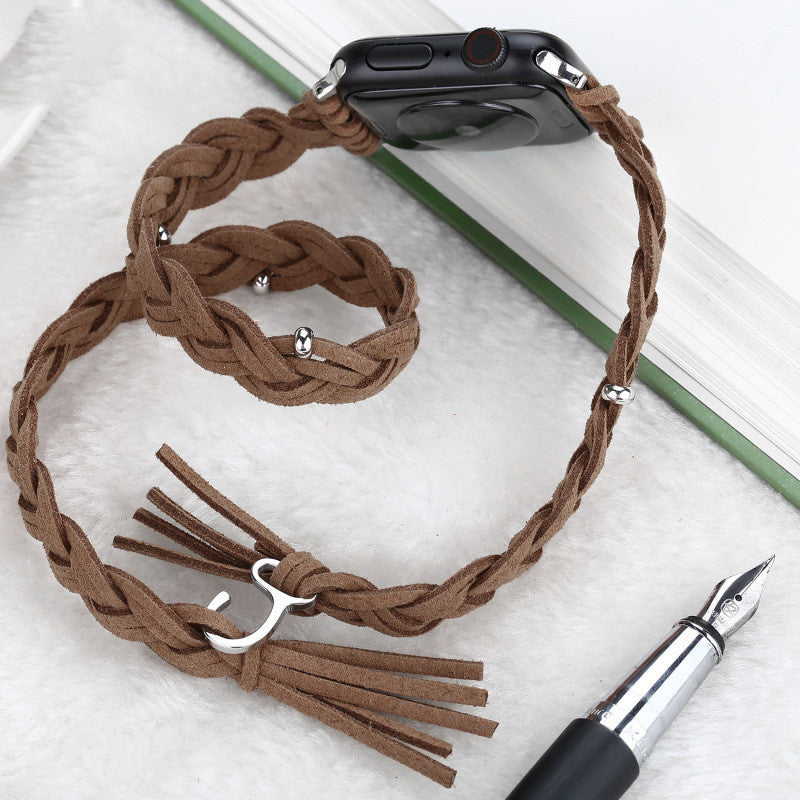 Leather Cord Braided Smart Watch Strap designed for iWatch models, showcasing its stylish braided design and high-quality leather material.