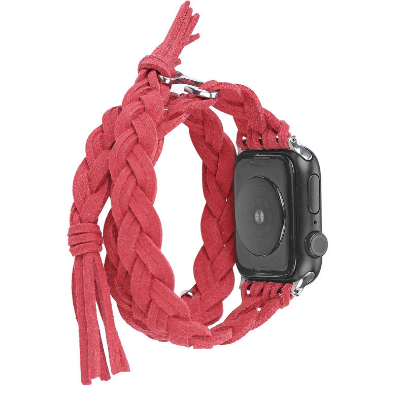 Leather Cord Braided Smart Watch Strap designed for iWatch models, showcasing its stylish braided design and high-quality leather material.