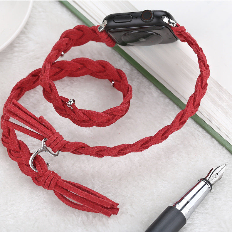 Leather Cord Braided Smart Watch Strap designed for iWatch models, showcasing its stylish braided design and high-quality leather material.