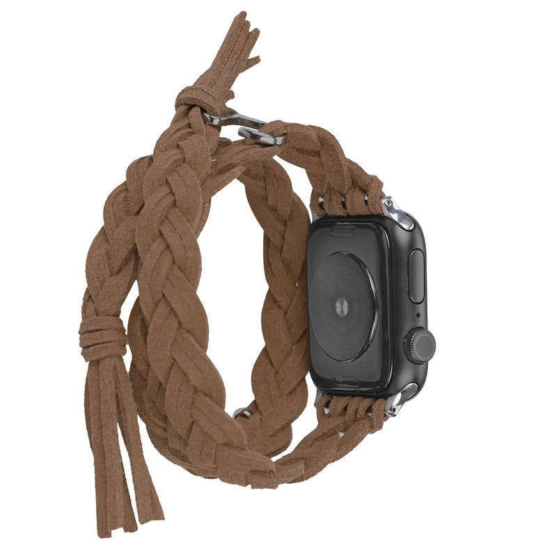 Leather Cord Braided Smart Watch Strap designed for iWatch models, showcasing its stylish braided design and high-quality leather material.