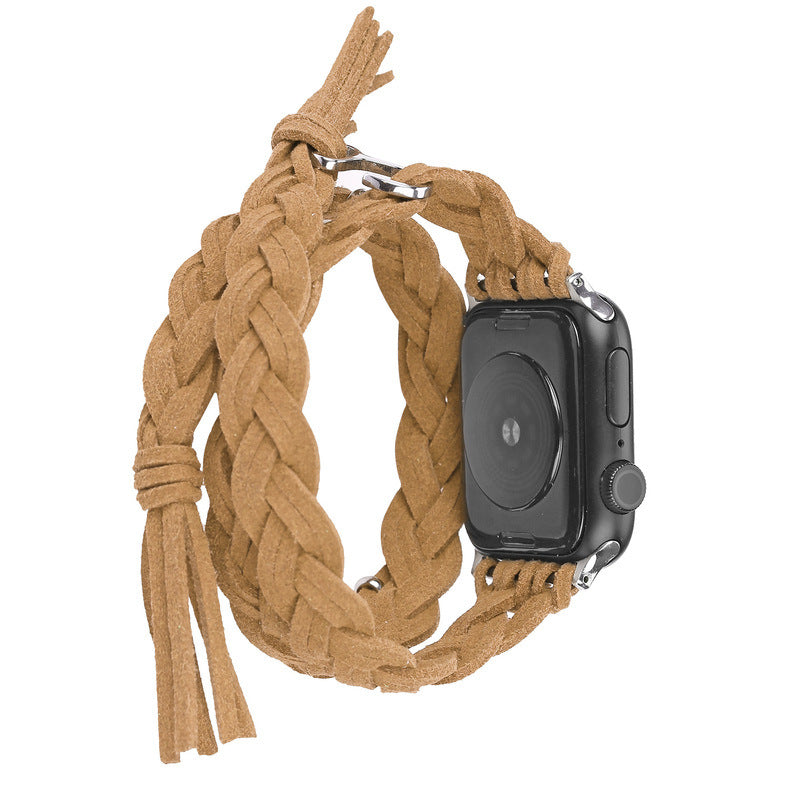 Leather Cord Braided Smart Watch Strap designed for iWatch models, showcasing its stylish braided design and high-quality leather material.