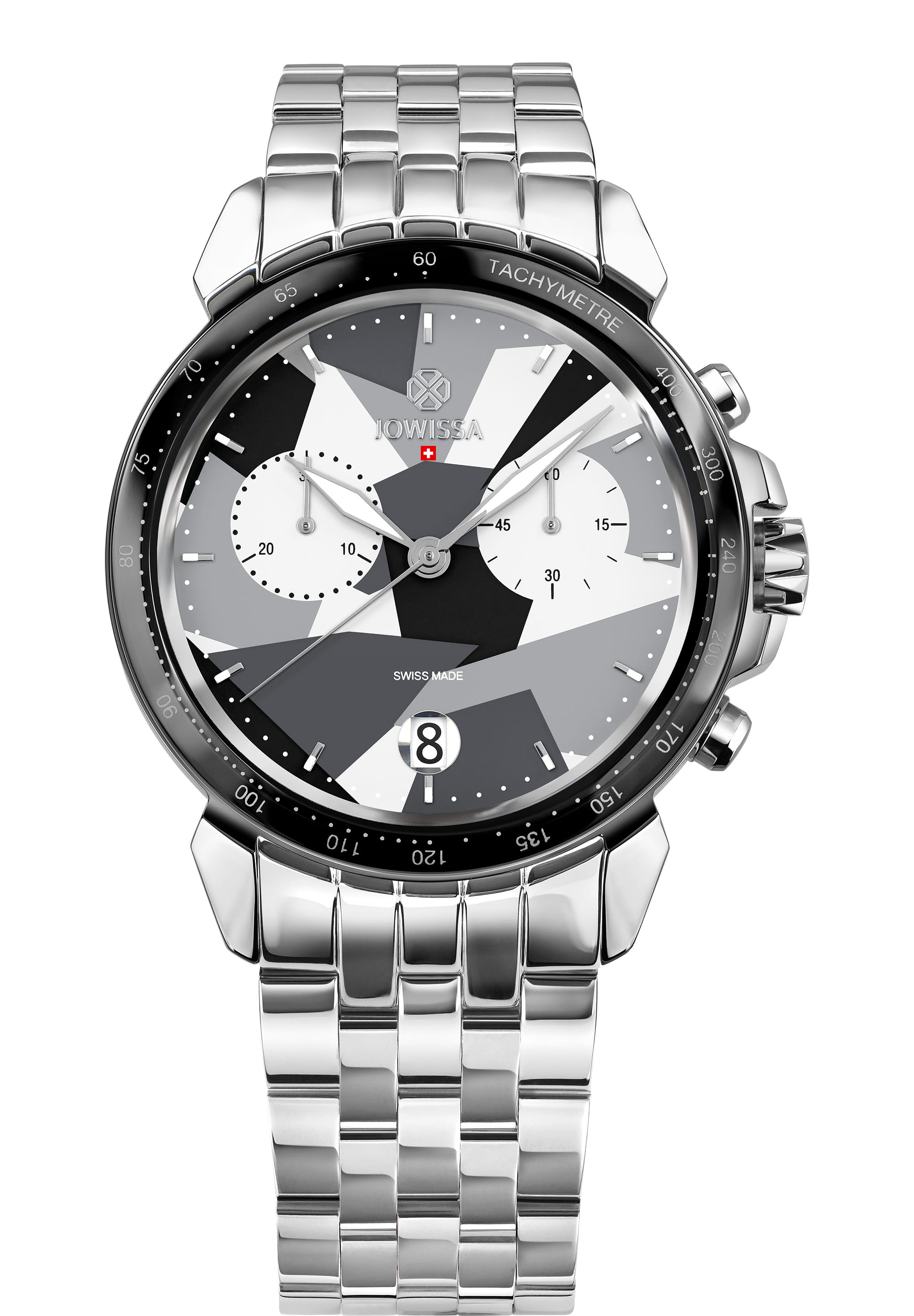 LeWy 15 Swiss Men's Watch J7.112.L featuring a camouflage dial, stainless steel bracelet, and polished black bezel.