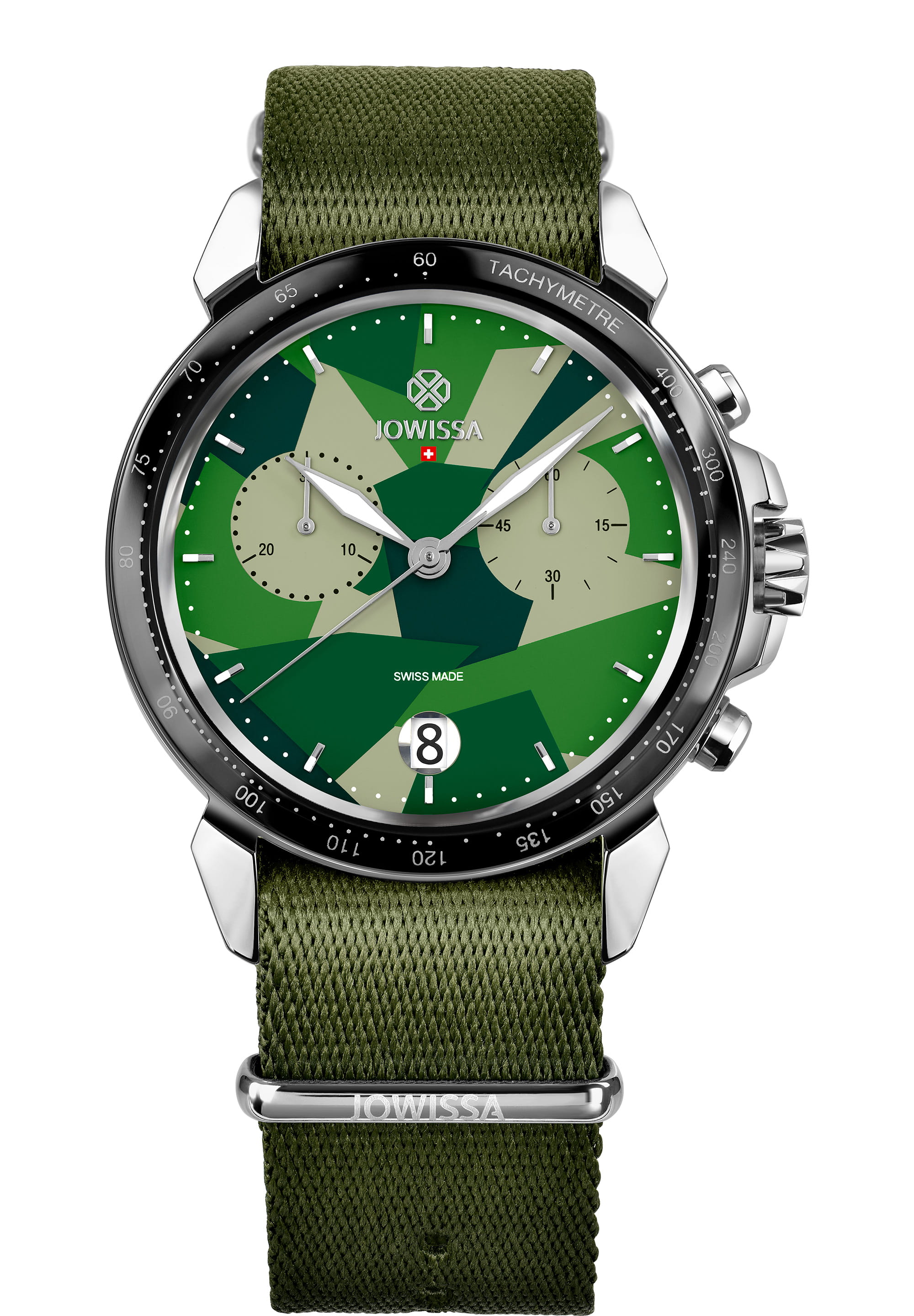 LeWy 15 Swiss Men's Watch J7.130.L featuring a green camouflage dial, stainless steel case, and olive green NATO strap.