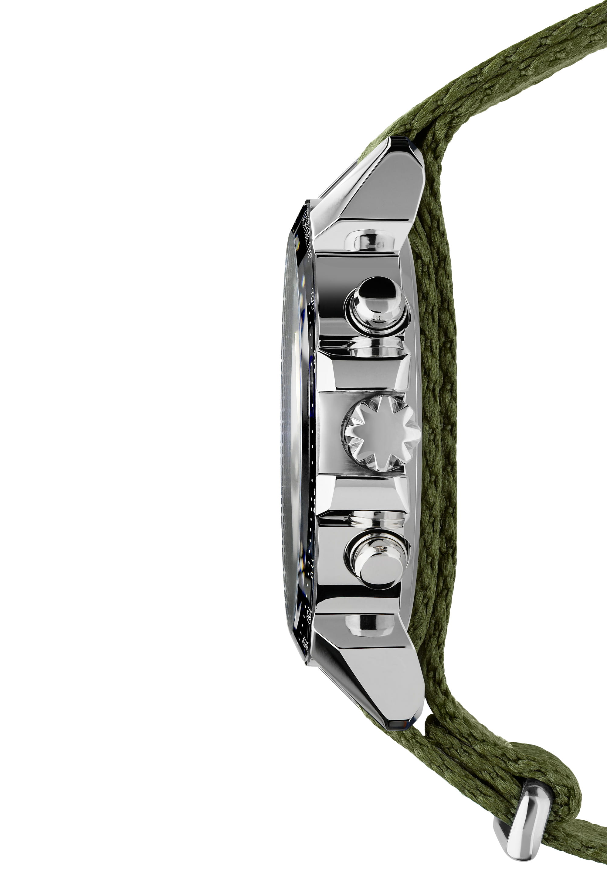 LeWy 15 Swiss Men's Watch J7.130.L featuring a green camouflage dial, stainless steel case, and olive green NATO strap.