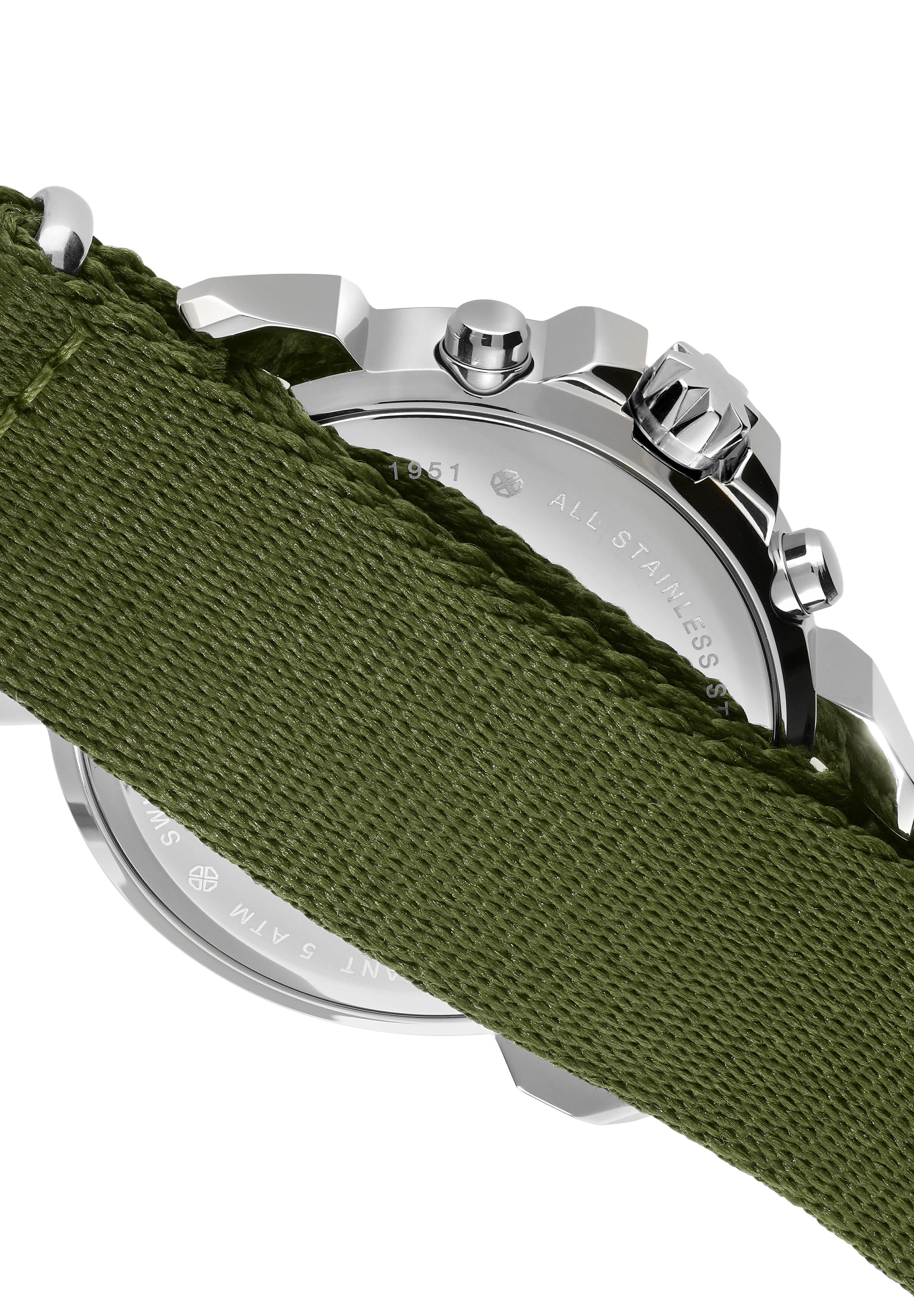 LeWy 15 Swiss Men's Watch J7.130.L featuring a green camouflage dial, stainless steel case, and olive green NATO strap.