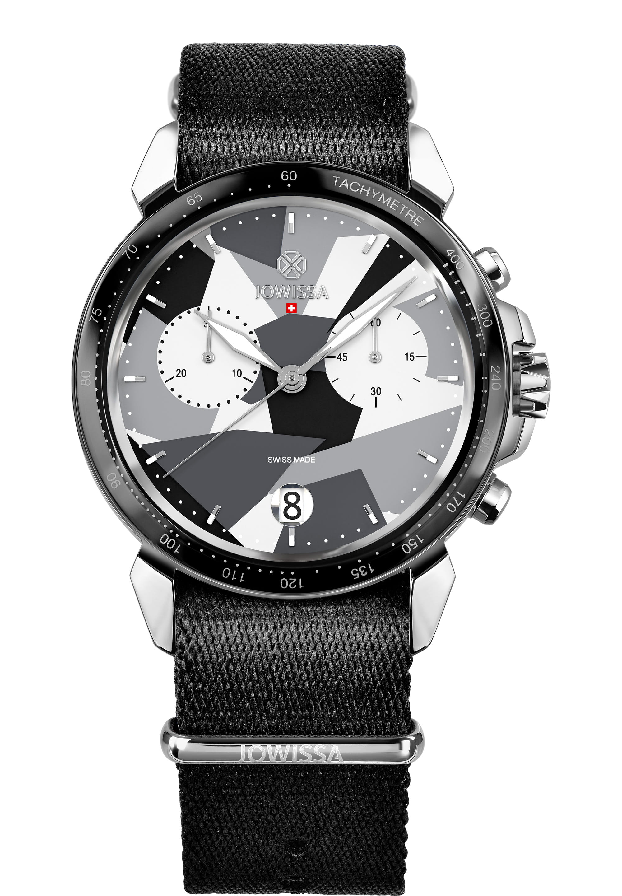 LeWy 15 Swiss Men's Watch J7.131.L featuring a camouflage dial, stainless steel case, and black NATO strap.