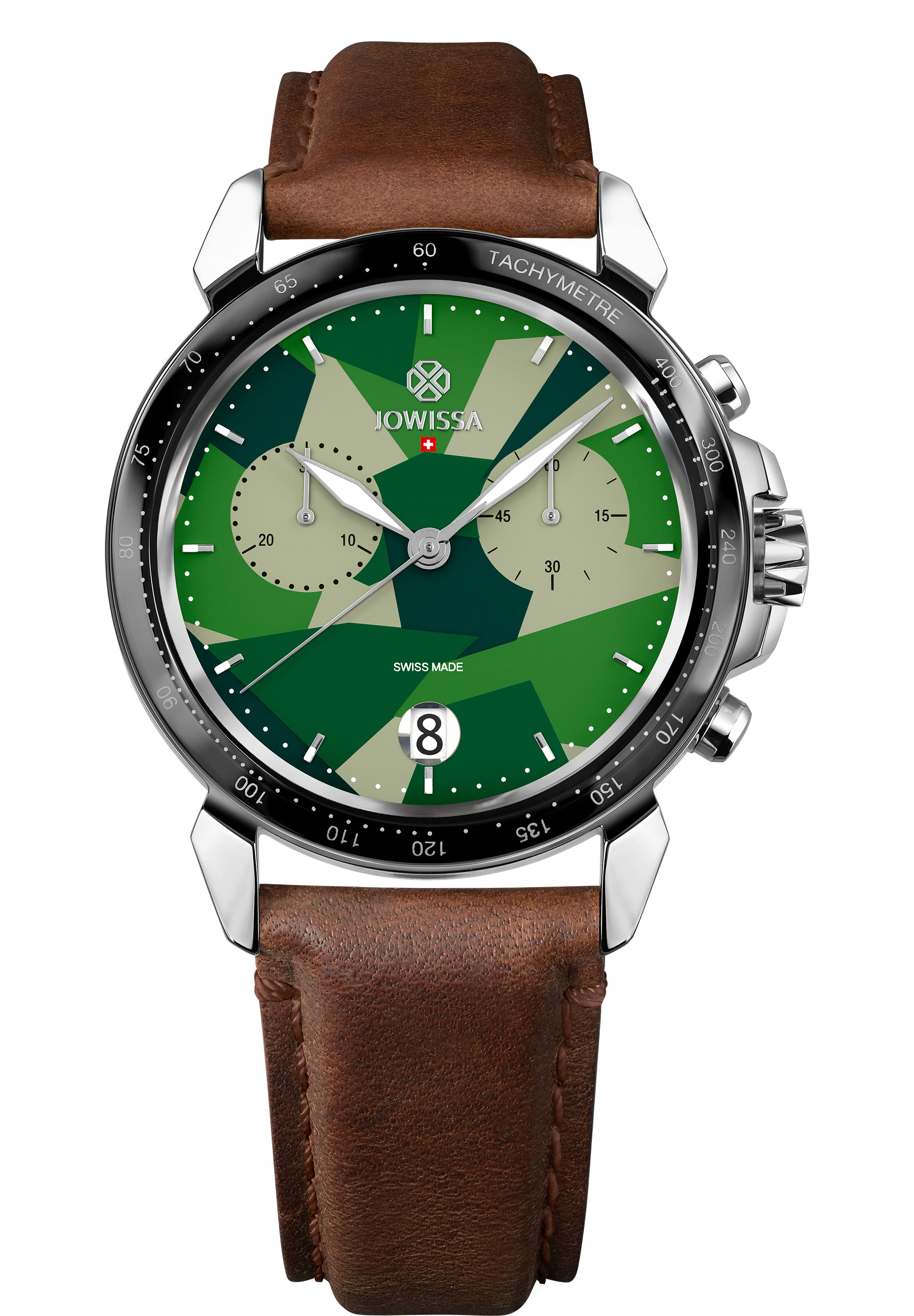 LeWy 15 Swiss Men's Watch J7.111.L featuring a green camouflage dial, stainless steel case, and brown leather strap.