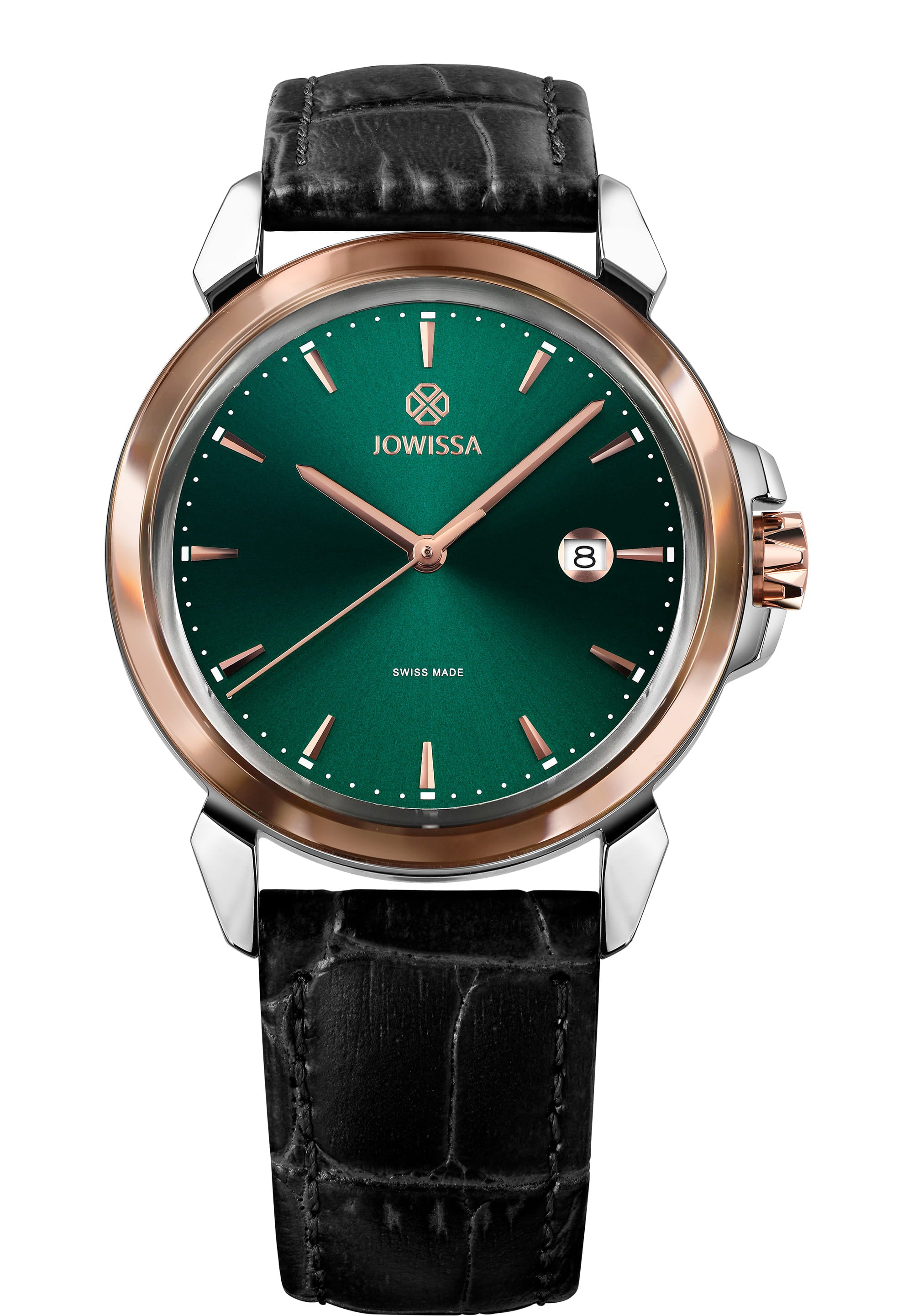 LeWy 3 Swiss Men's Watch J4.241.L featuring a forest green sunray dial, stainless steel case, and black crocodile leather strap.