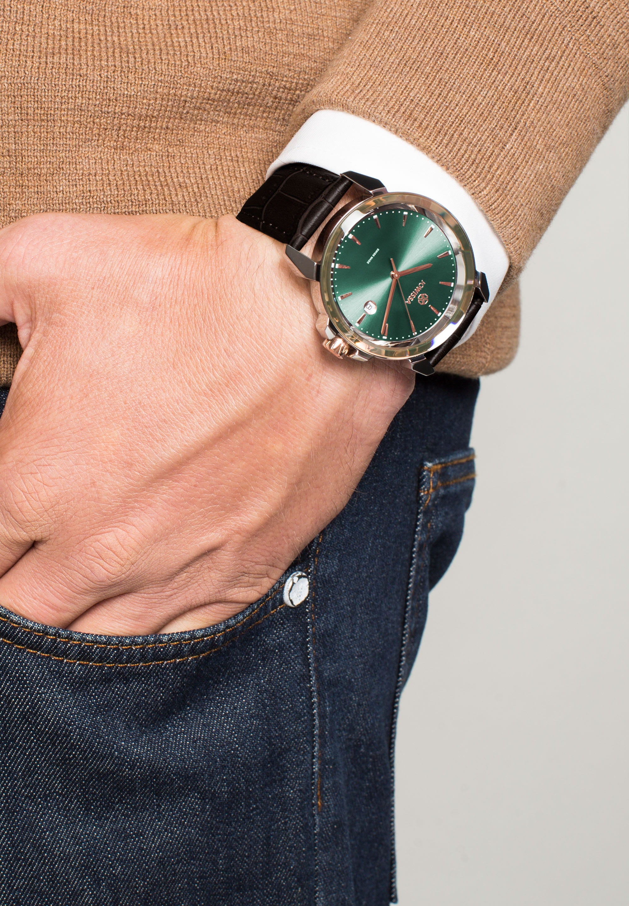 LeWy 3 Swiss Men's Watch J4.241.L featuring a forest green sunray dial, stainless steel case, and black crocodile leather strap.