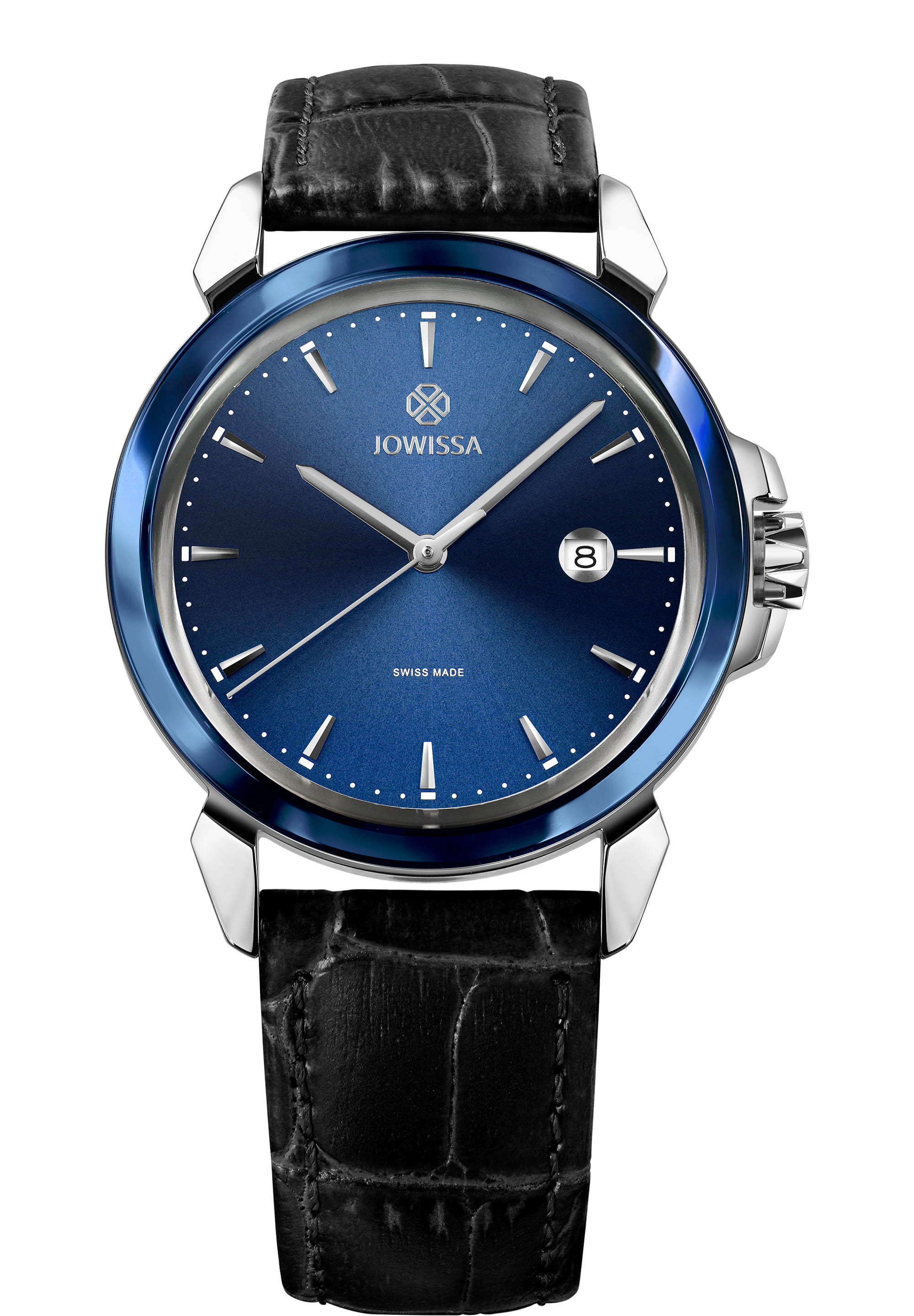 LeWy 3 Swiss Men's Watch J4.242.L with blue dial and black leather strap, showcasing its elegant design and features.