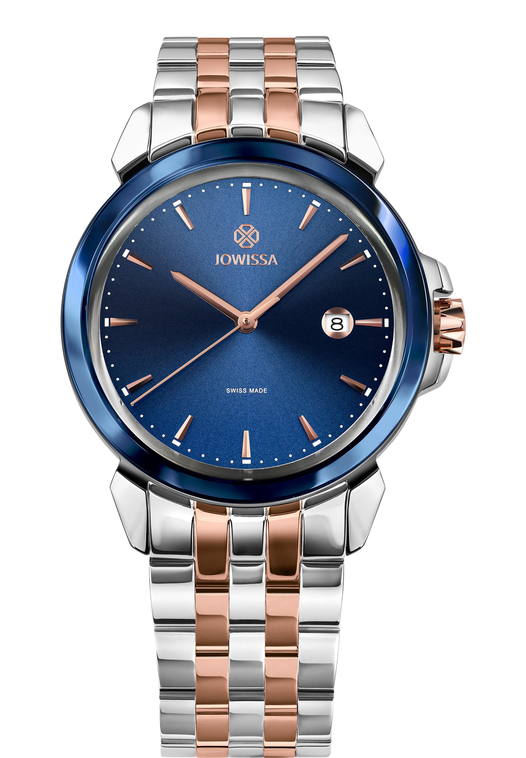 LeWy 3 Swiss Men's Watch J4.250.L featuring a navy blue dial, stainless steel and rose gold bracelet, and a polished case.