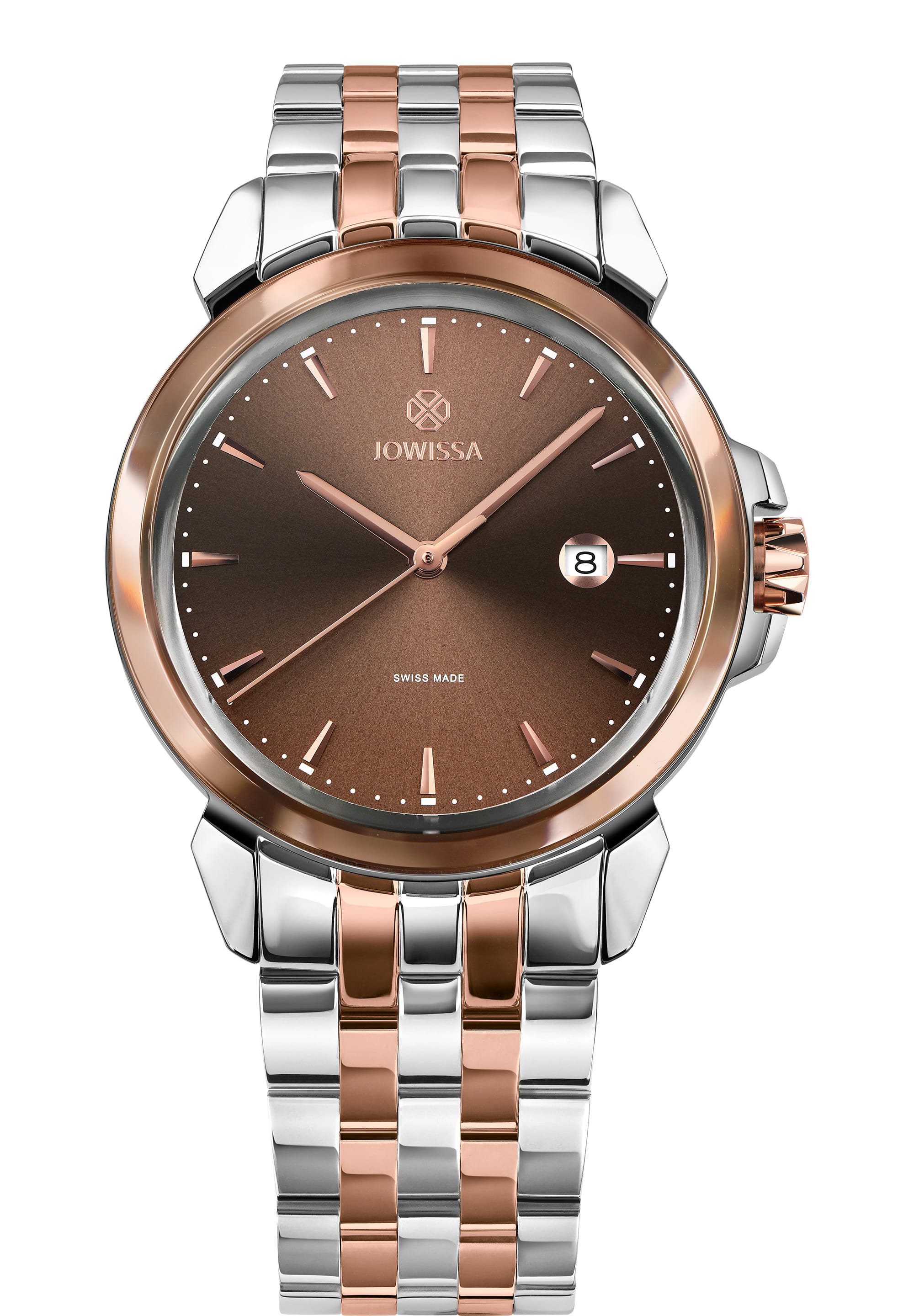 LeWy 3 Swiss Men's Watch J4.251.L featuring a chocolate-brown dial with rose-gold accents and a stainless steel bracelet.