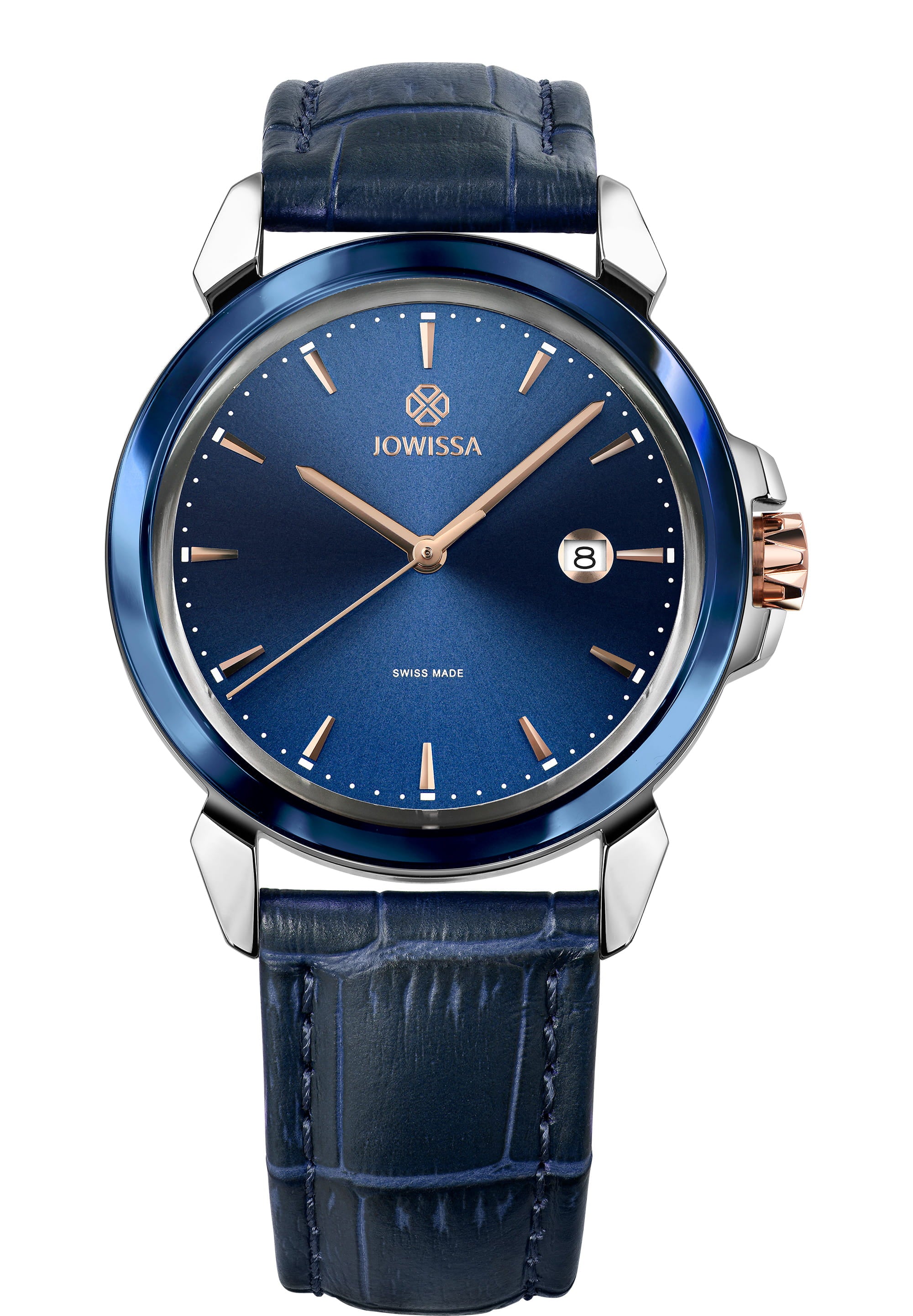 LeWy 3 Swiss Men's Watch J4.341.L featuring a deep blue dial, rose gold hands, and an alligator leather strap.